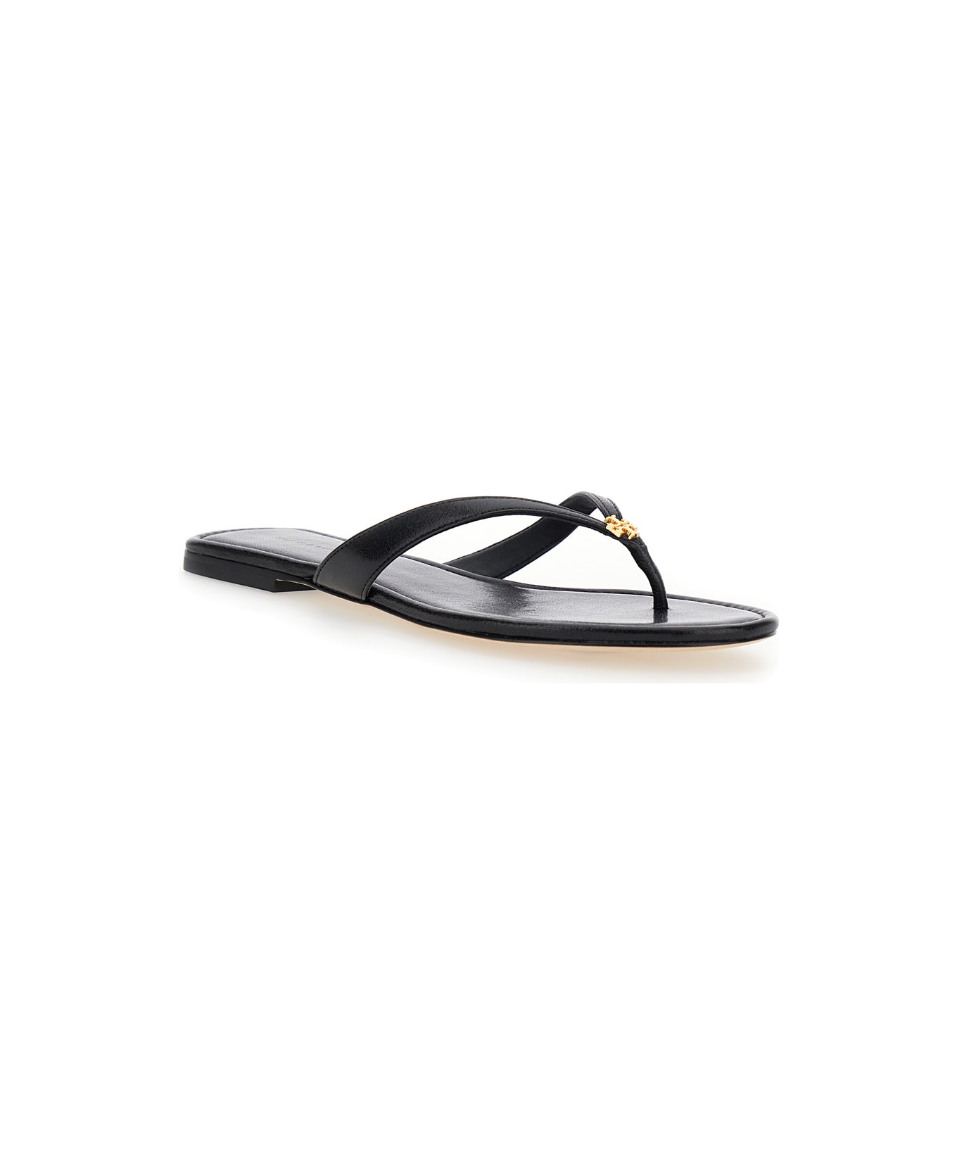 Tory Burch 'classic' Black Flip Flop Sandals With Logo Plaque And Thong Strap In Leather Woman - Black
