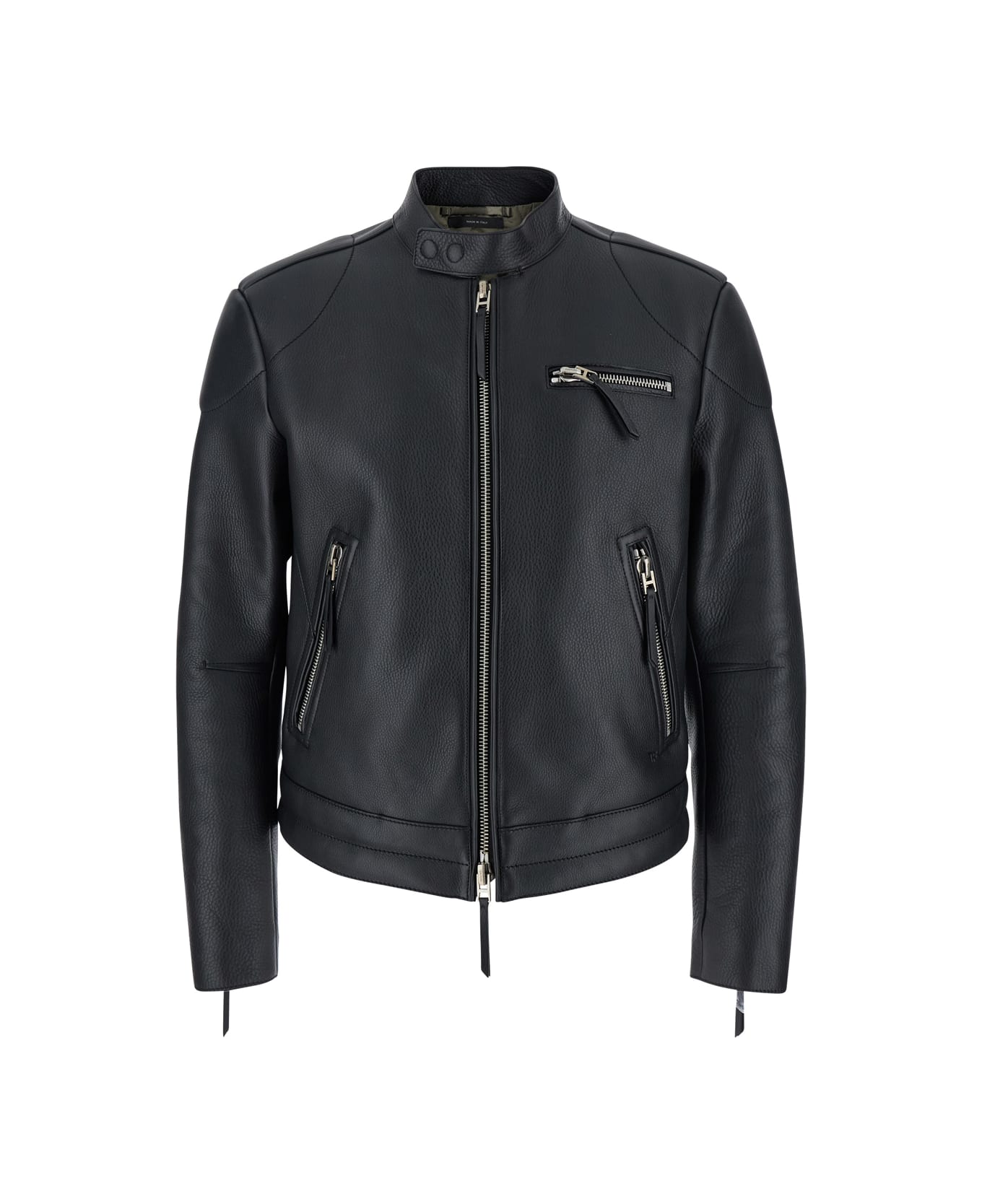 Tom Ford Black Jacket With High Collar And Front Zip Pockets In Leather Man - Black