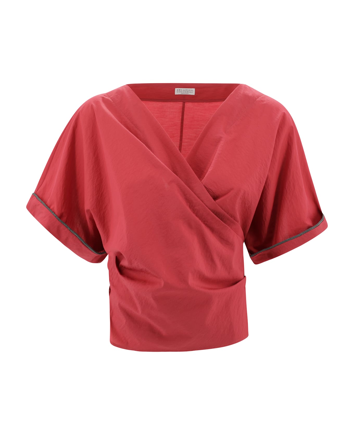 Brunello Cucinelli Red Shirt With V-neck And Monili Detail In Cotton Woman - Red ワンピース＆ドレス