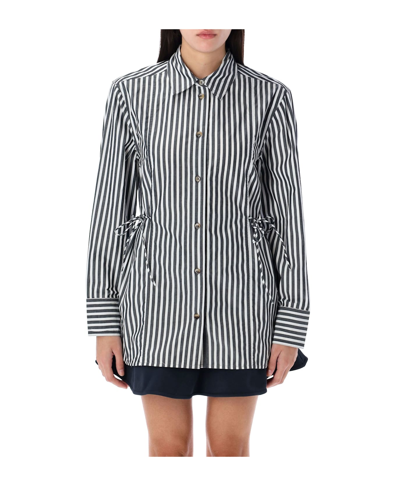 Ganni Stripe Tie String Shirt - BLACK STRIPES