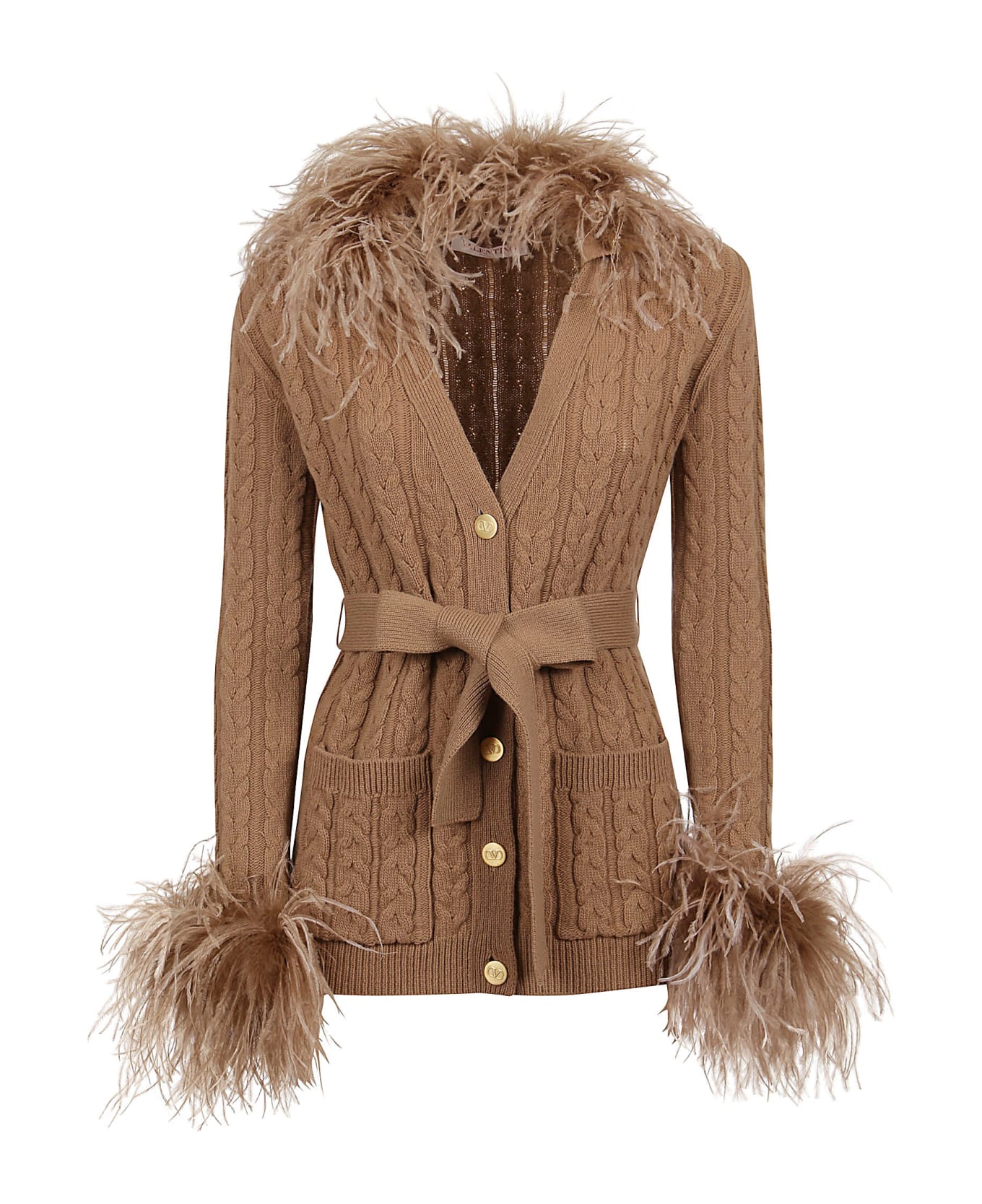 Valentino Cardigan Embroideries Wool Feathers - Cammello