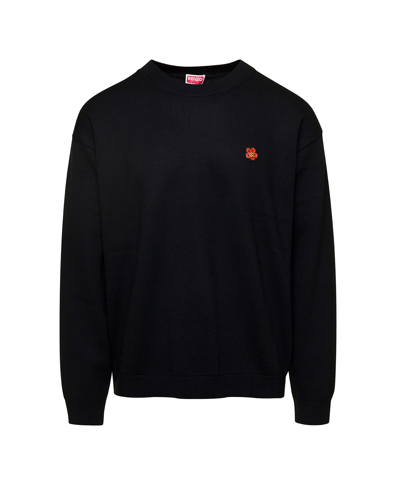 Kenzo Black Knit Jumper With Boke Flower Logo Patch On The Chest In Wool Man - Black