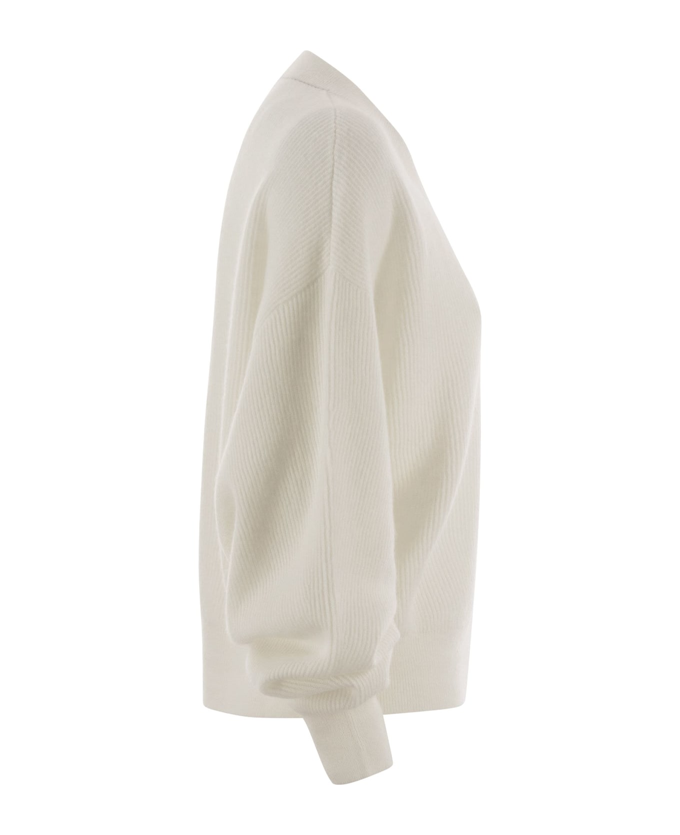 Brunello Cucinelli Alpaca And Cotton Rib Sweater With Moniline - White