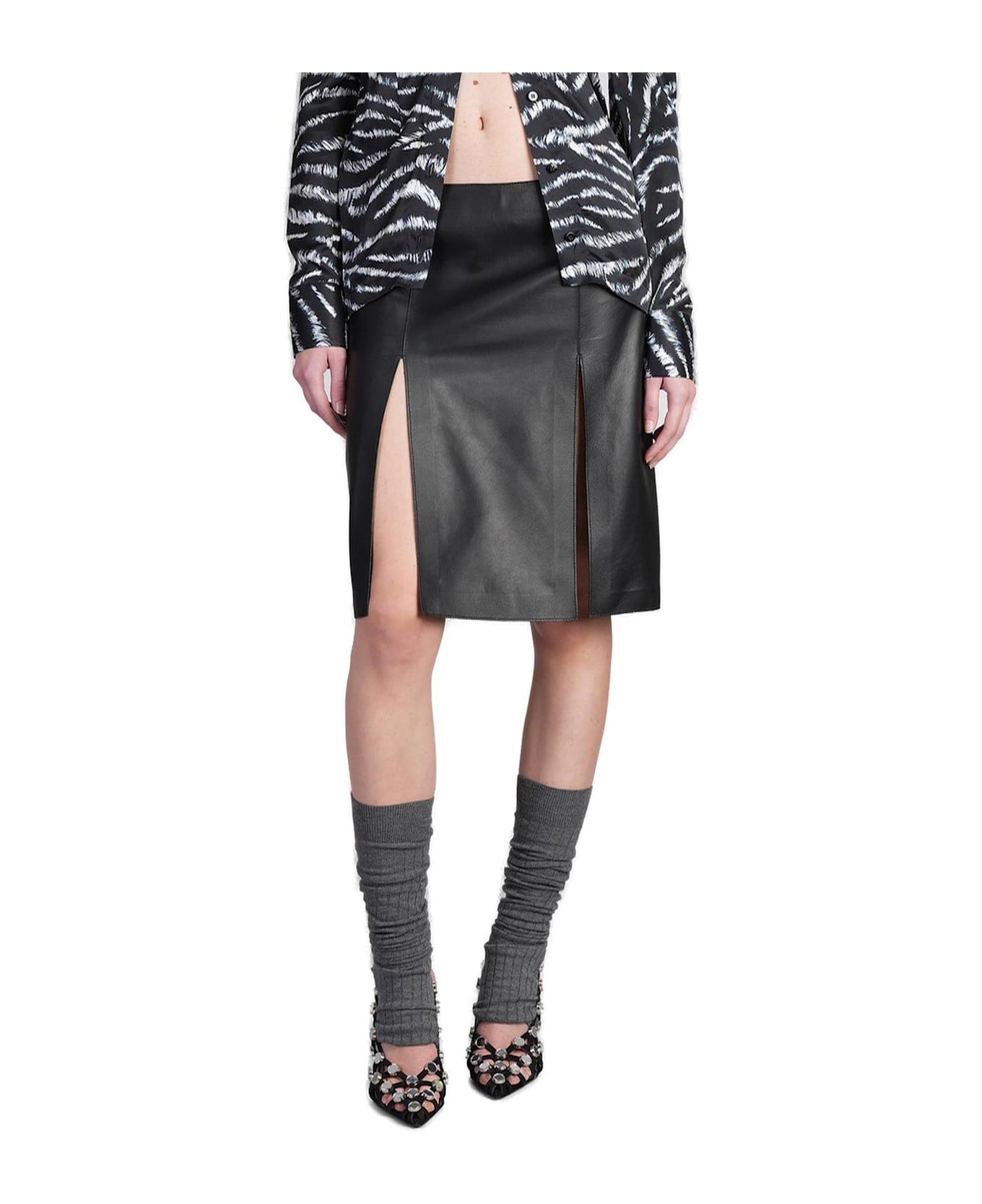 The Attico Leather Midi Skirt - Black
