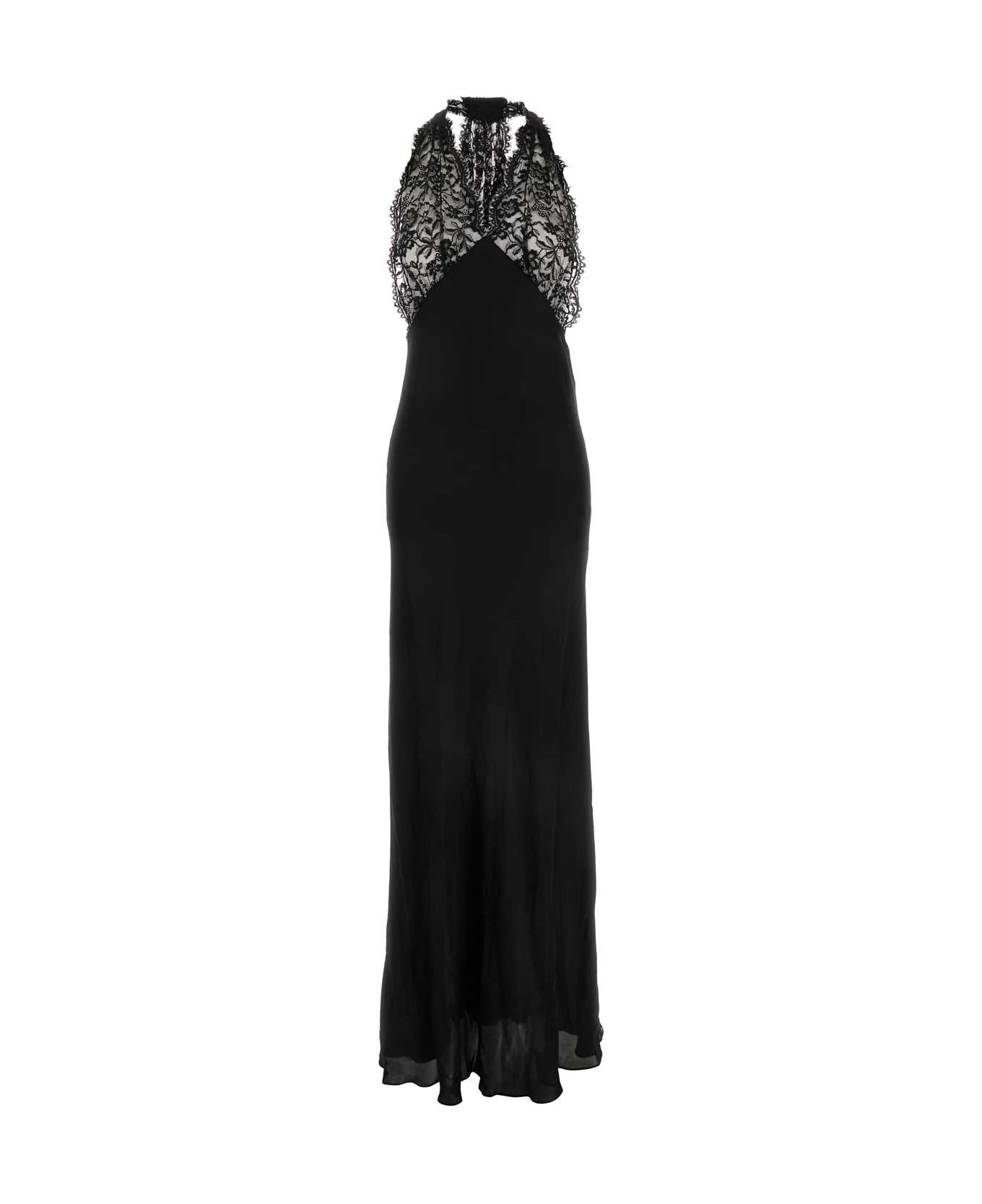 Saint Laurent Black Silk And Lace Long Dress - NOIR