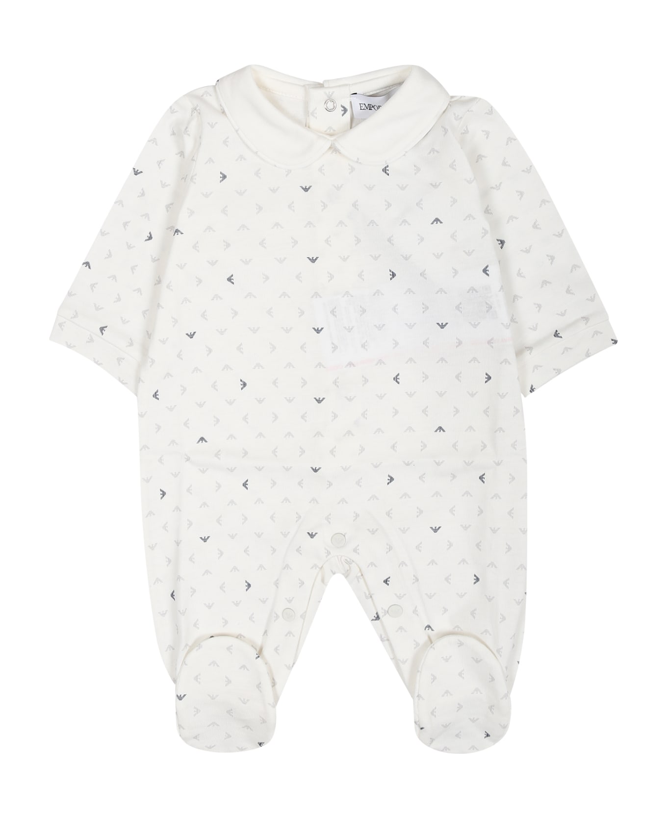 Emporio Armani Ivory Playsuit For Baby Boy With All-over Eagle Logo - Ivory