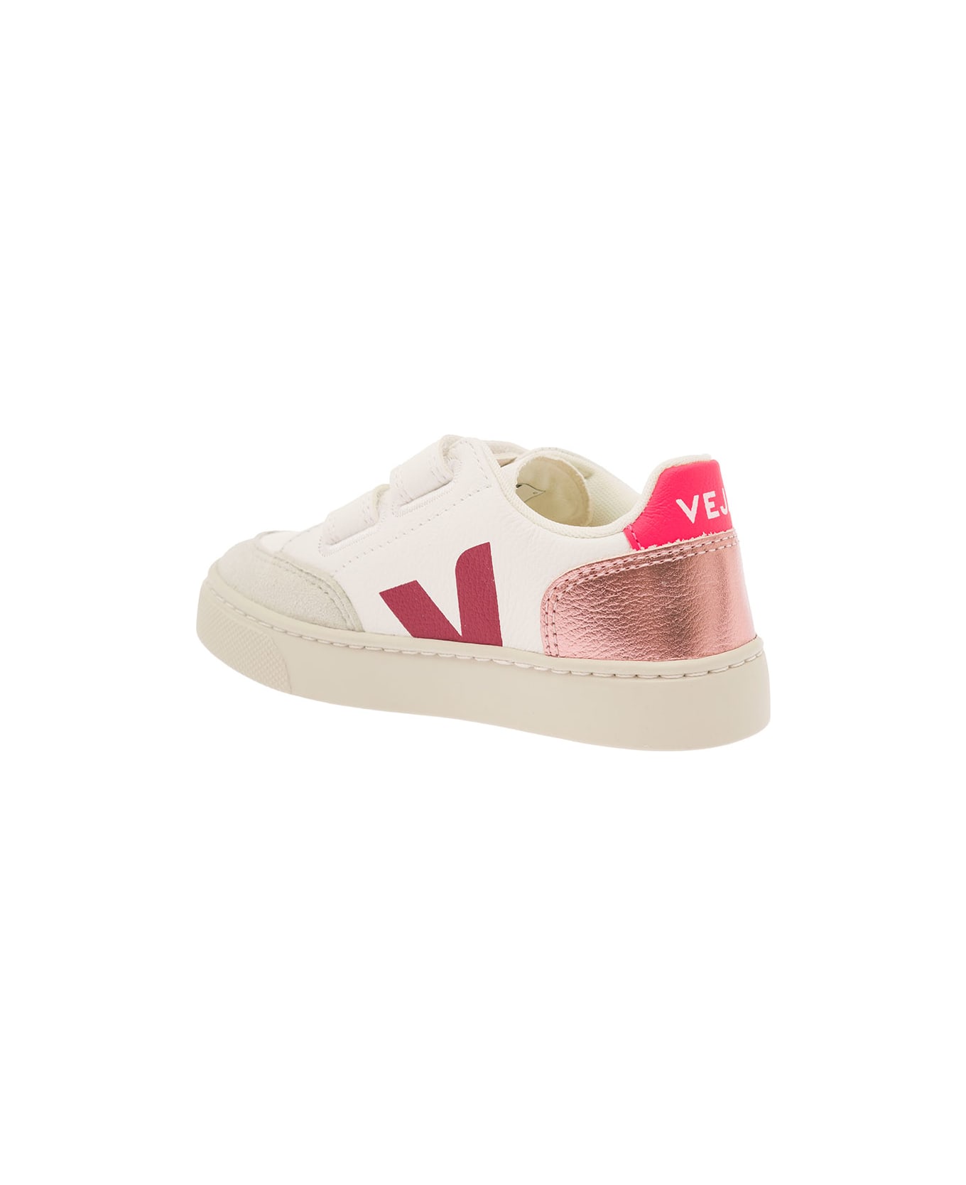 Veja White Sneaker With Fuchsia Logo And Heel Tab In Leather Girl - Multicolor シューズ
