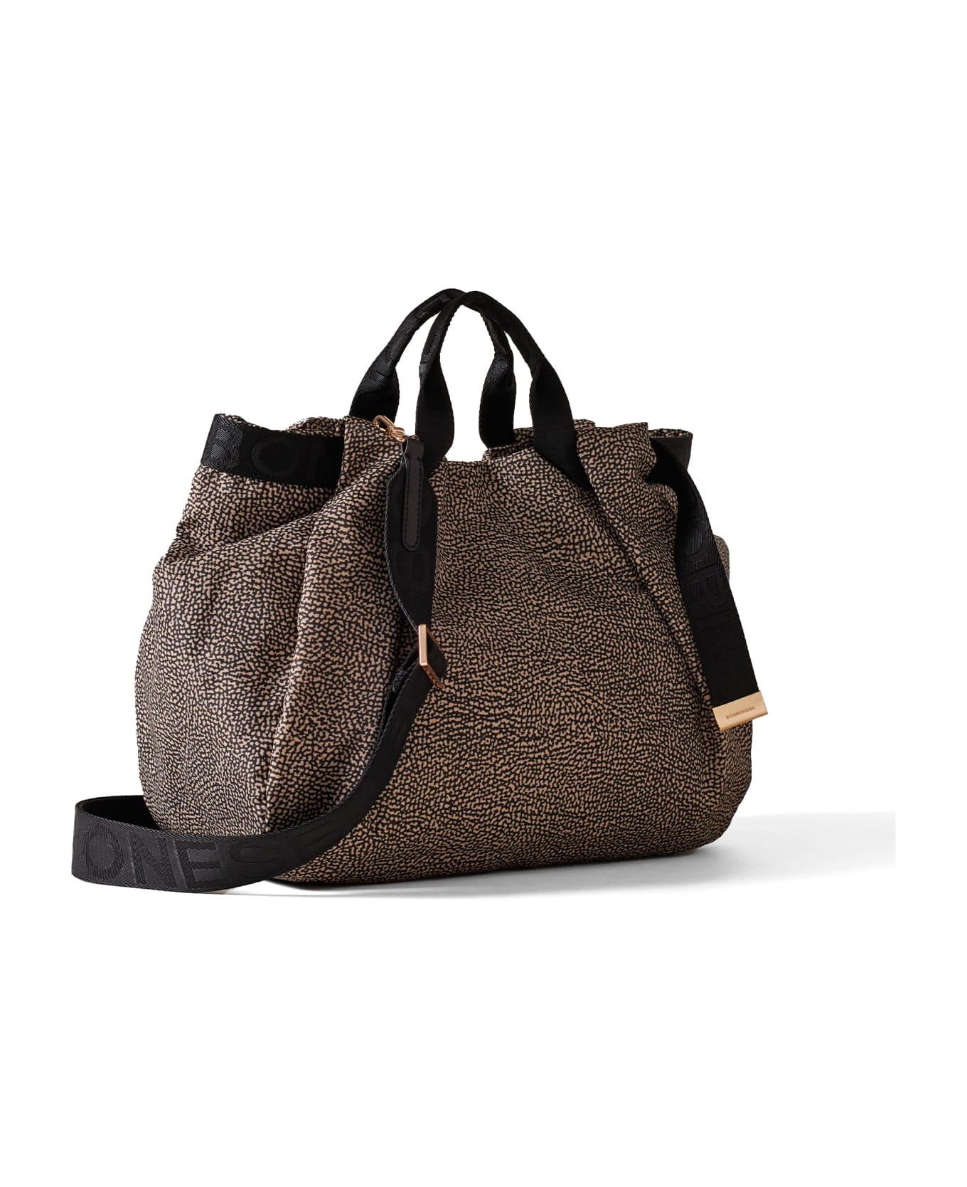 Borbonese Bateau Medium Handbag In Op Fabric - OP NATURALE/NERO