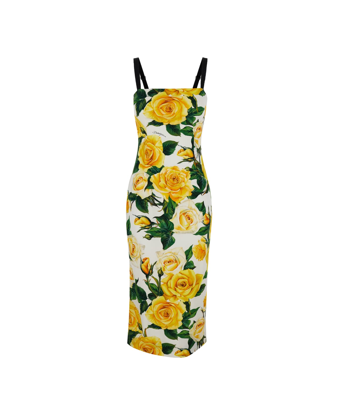 Dolce & Gabbana Midi Dress With All-over Flower Print - Rose gialle fdo bco ワンピース＆ドレス