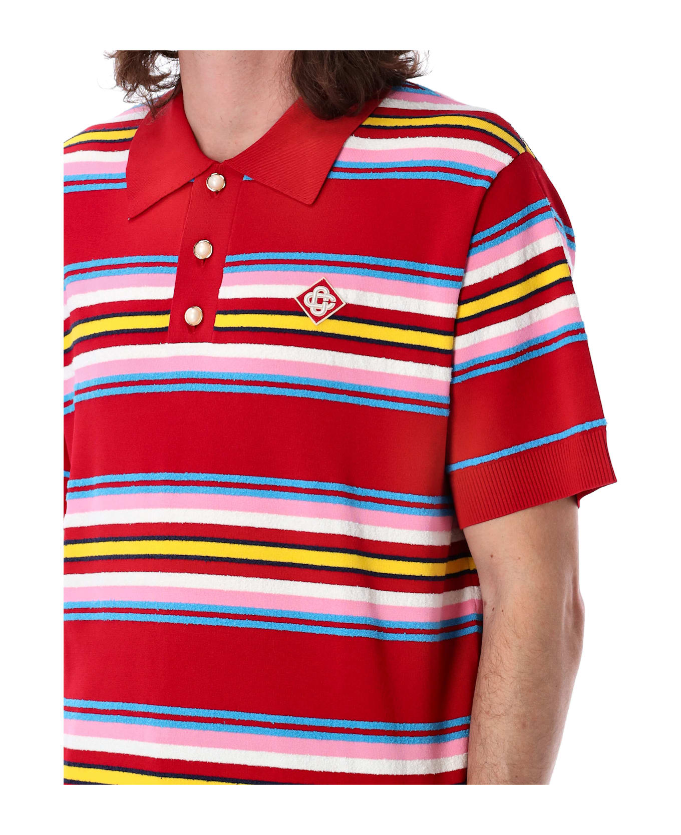 Casablanca Striped Knit Polo Shirt - RED MULTI