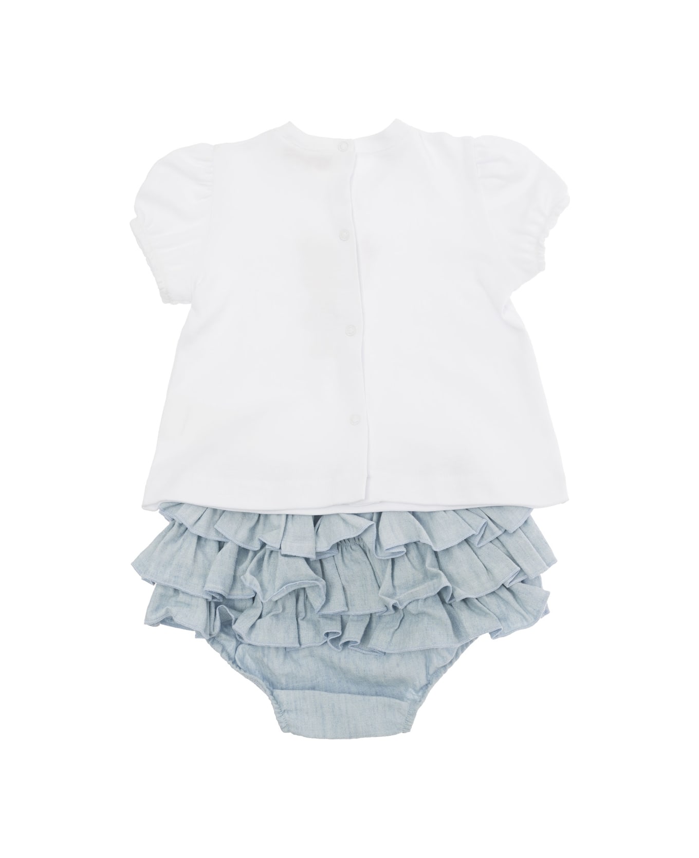 Monnalisa Light Blue And White T-shirt And Culottes Set In Cotton Baby - White ボディスーツ＆セットアップ