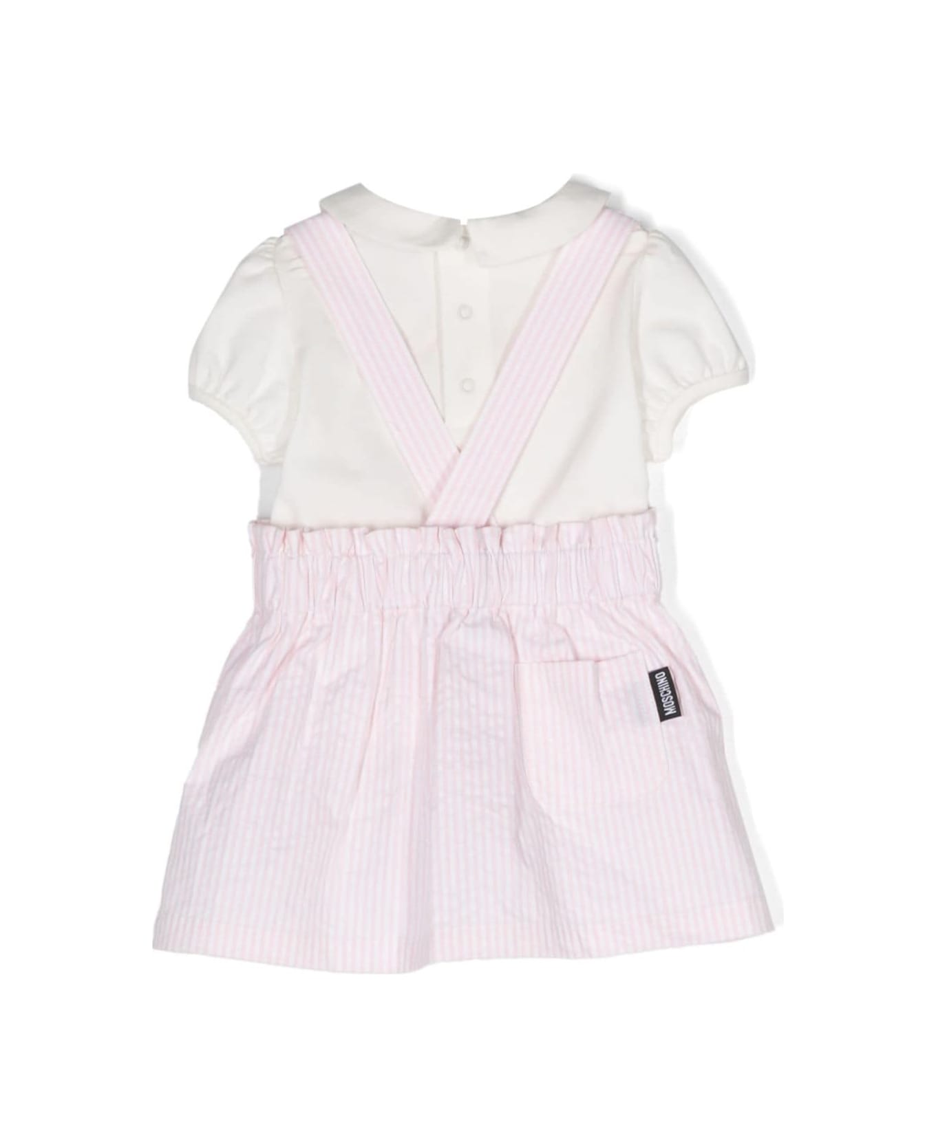 Moschino Pink Striped Overalls With Teddy Bear In Stretch Cotton Baby - White ボディスーツ＆セットアップ