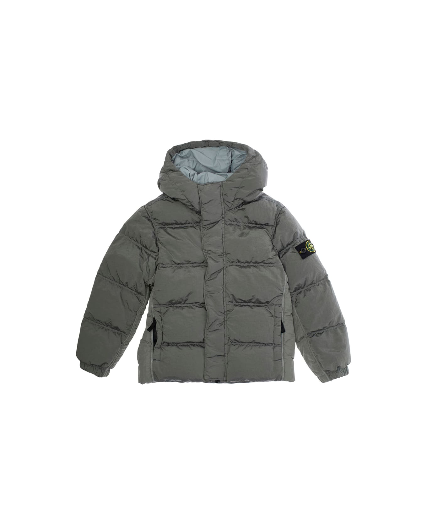 Stone Island Junior Grey Down Jacket With Fixed Hood And Logo Patch On The Sleeve In Tech Fabric Boy - Grey