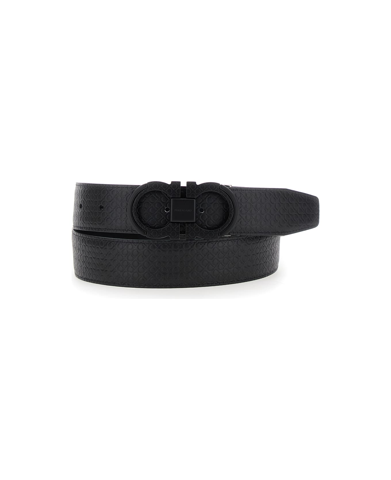 Ferragamo Black Reversible Belt With Gancini Buckle On The Front And All-over Gancini Motif In Leather Woman - Black