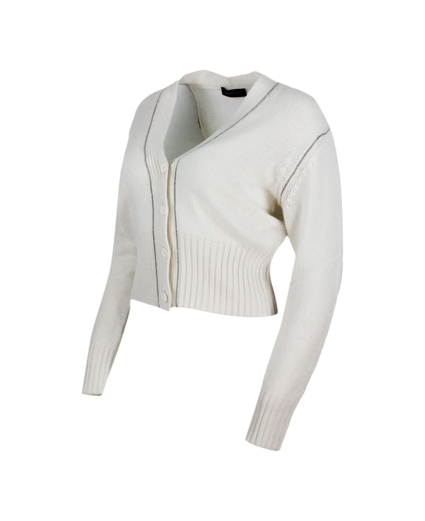 Fabiana Filippi Long-sleeved Cashmere Cardigan Sweater With Button Closure And Embellished With Rows Of Monili On The Front - cream