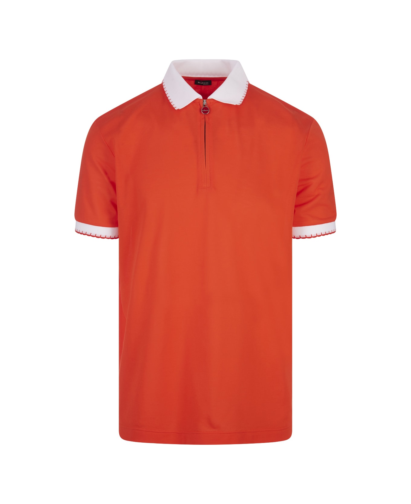 Kiton Orange Piqué Polo Shirt With Zip - Orange