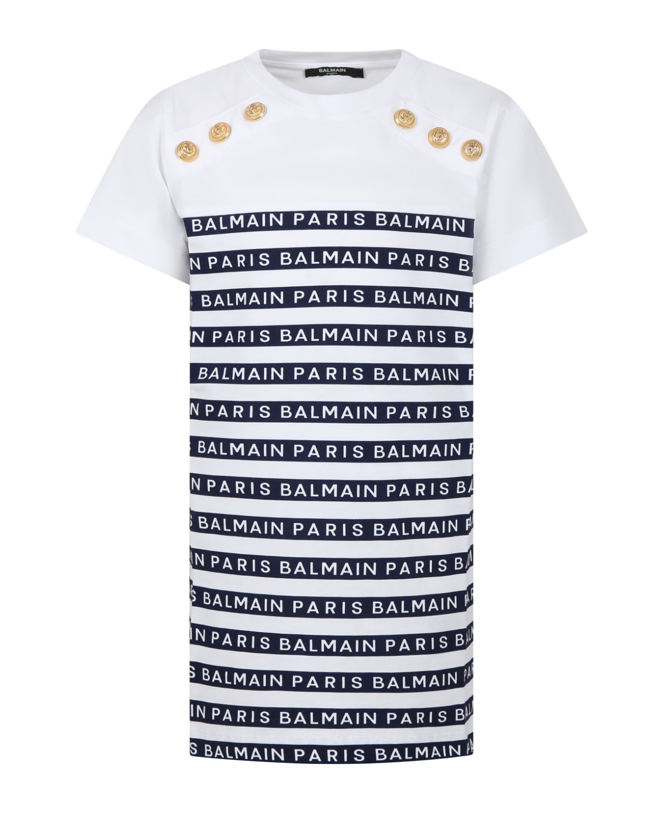 Balmain Dress For Girl With Blue Stripes And Logo - White