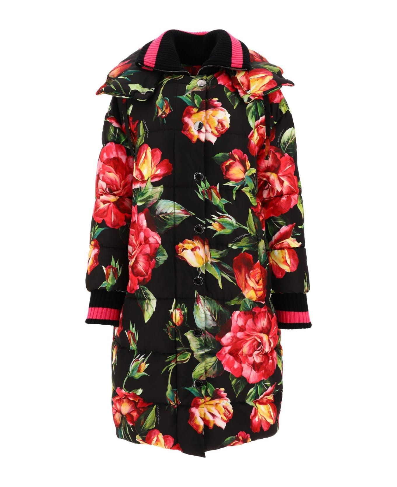 Dolce & Gabbana Floral-printed High-neck Long Coat - Black コート