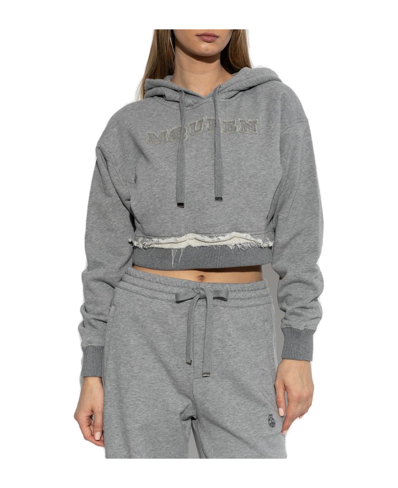 Alexander McQueen Drawstring Distressed Cropped Hoodie - Grey
