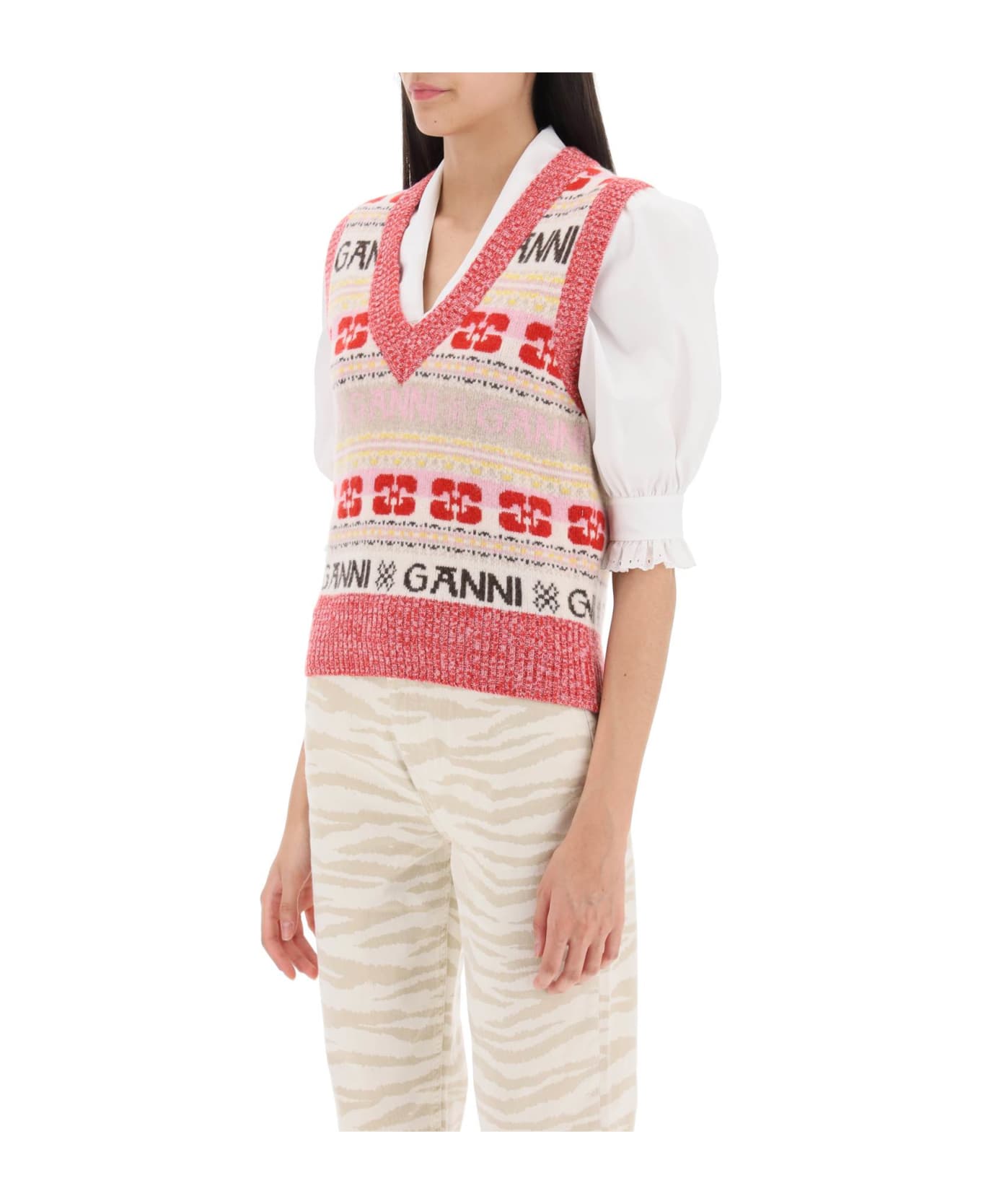 Ganni Vest In Jacquard Knit With Graphic Logo Motif - Red