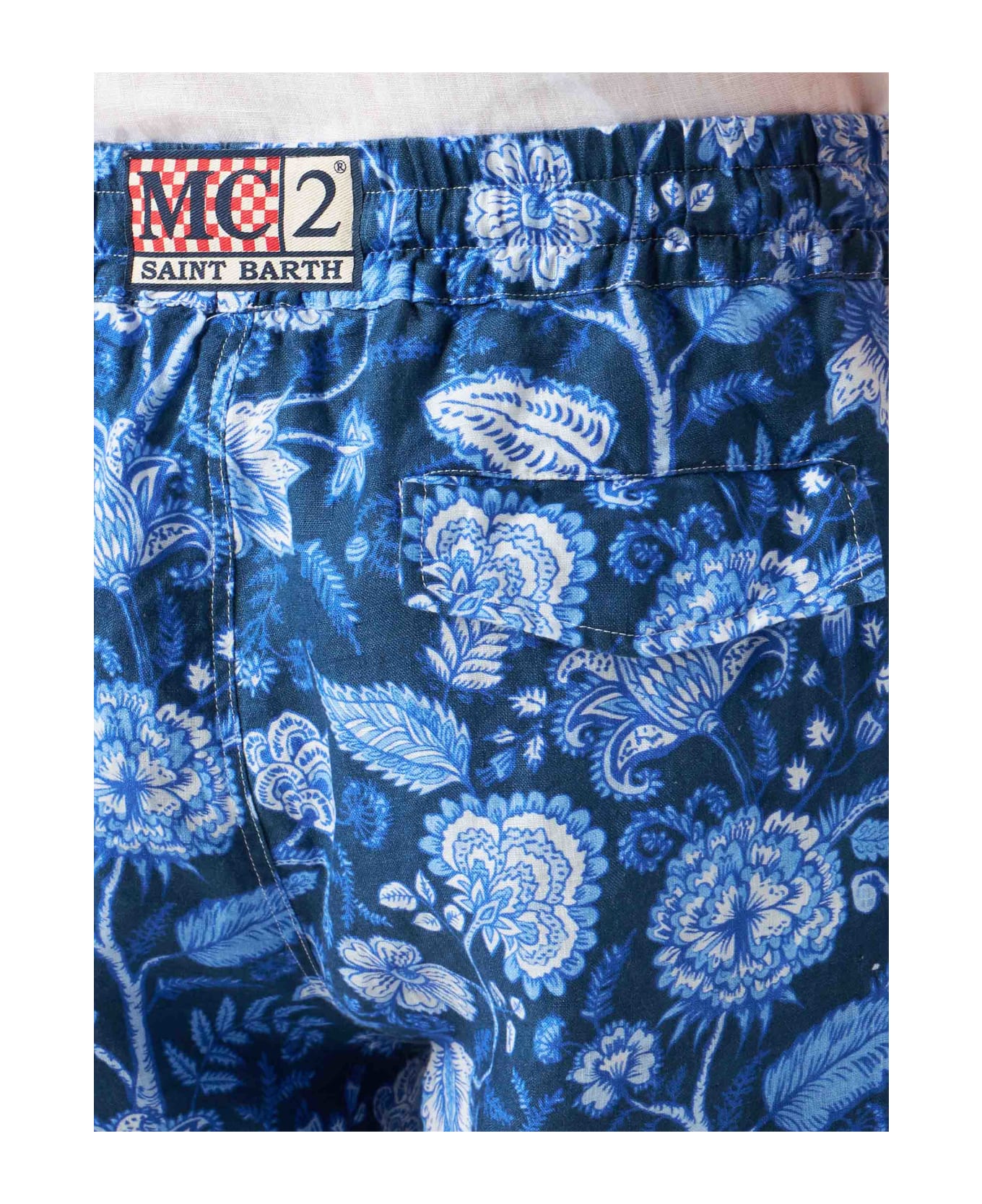 MC2 Saint Barth Man Linen Blue Bermuda Shorts With Flower Print - BLUE