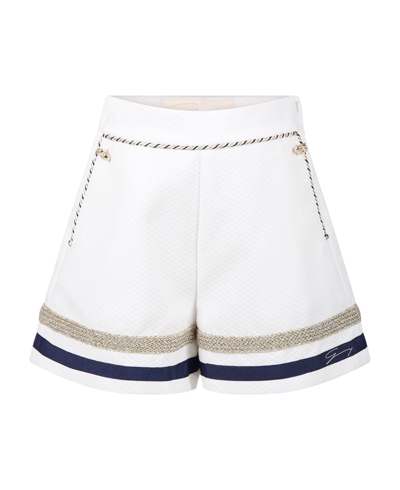 Genny White Shorts For Girl With Blue And Lurex Details - White ボトムス