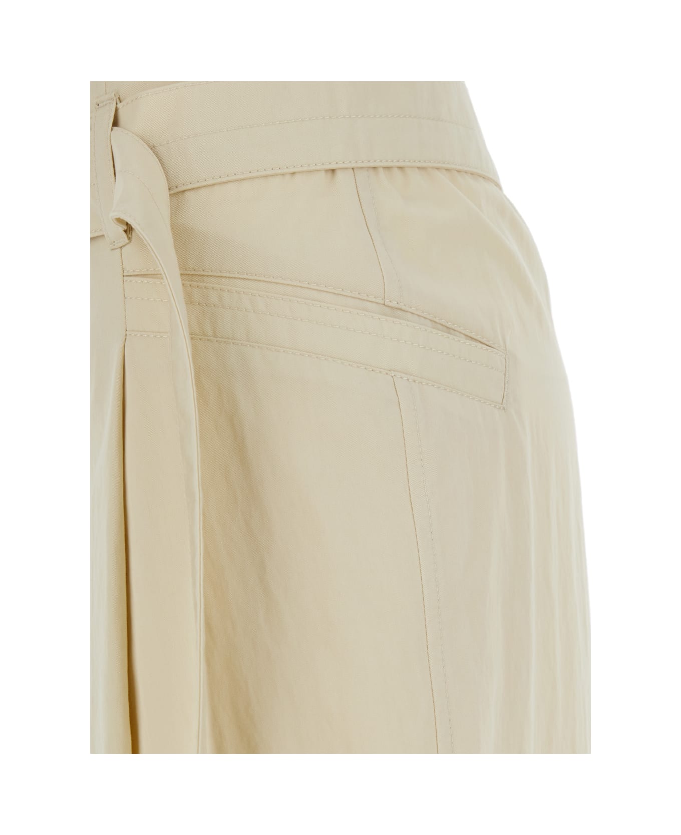 Low Classic Beige Pants With Double Belt And Pleated Details In Cotton Blend Woman - Beige