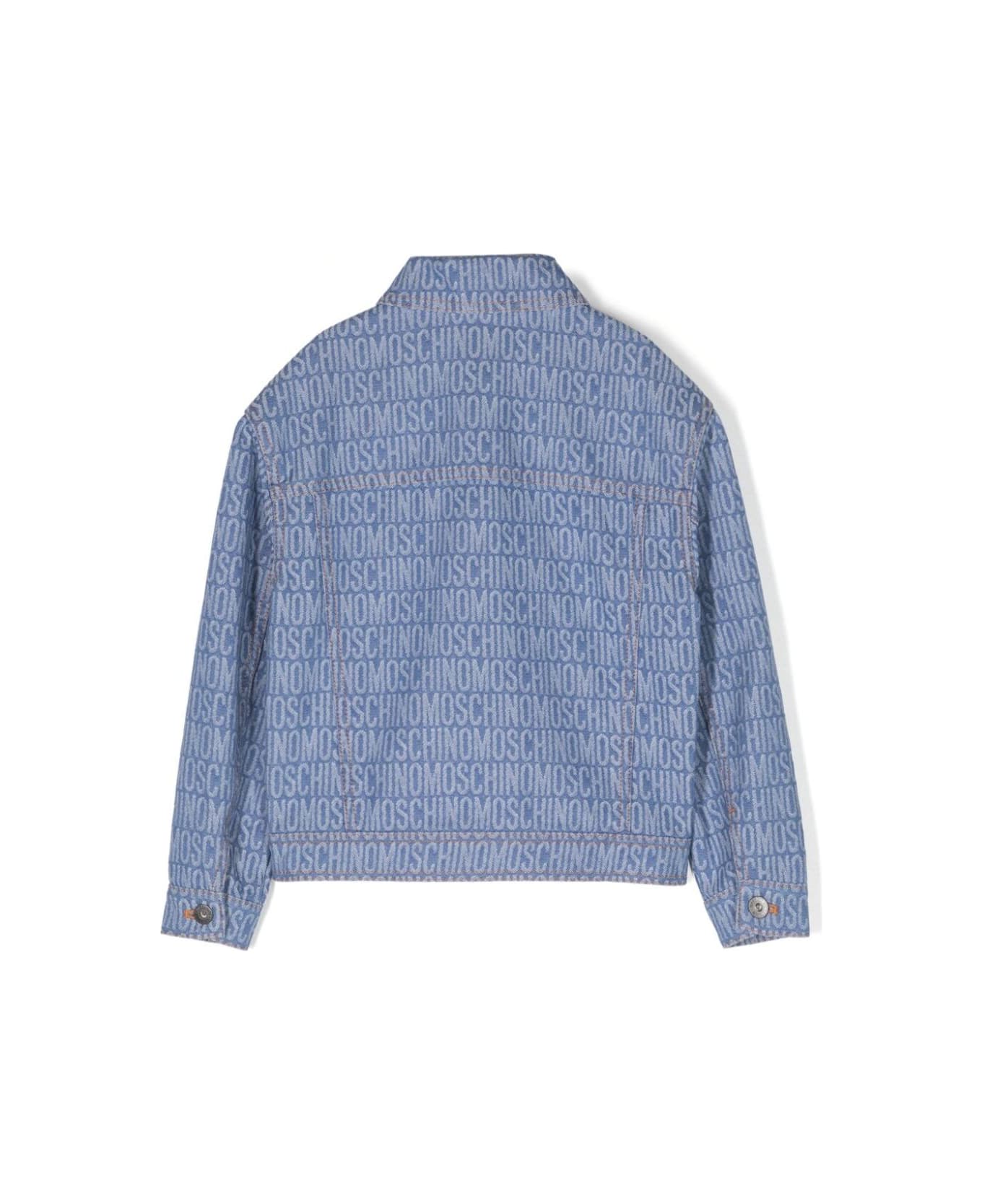 Moschino Blue Jacket With All Over Logo In Denim Boy - Blu コート＆ジャケット