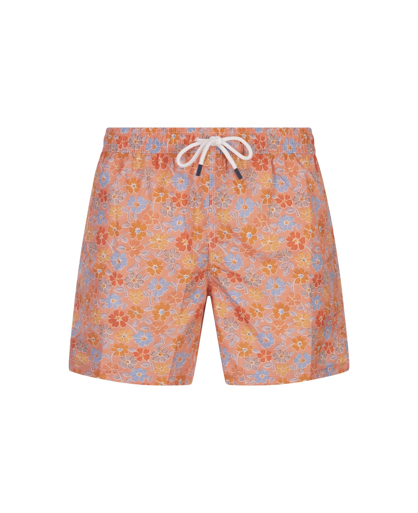 Fedeli Orange Swim Shorts With Multicoloured Flower Pattern - Orange