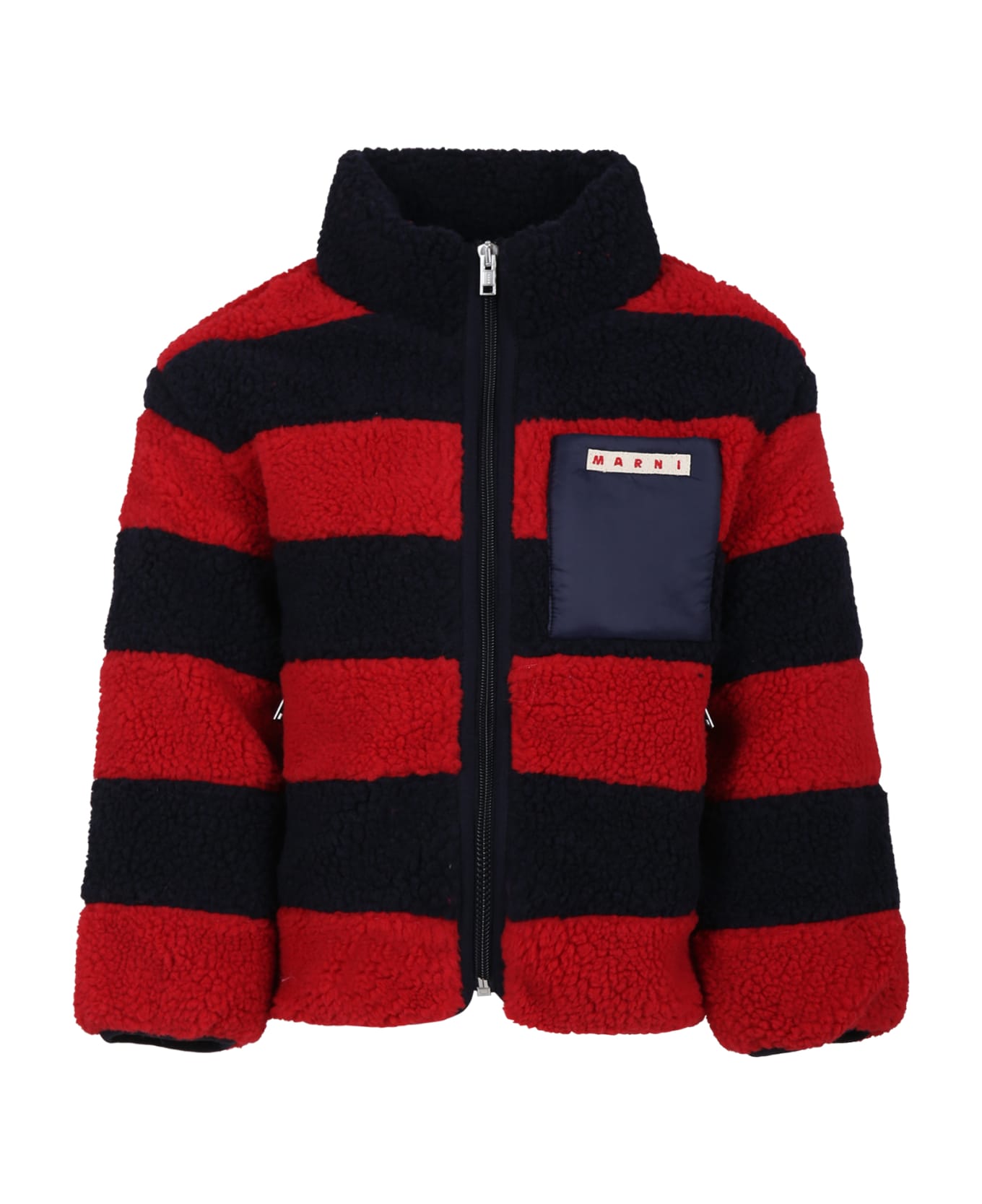 Marni Red Faux Fur Coat For Kids With Logo - Multicolor