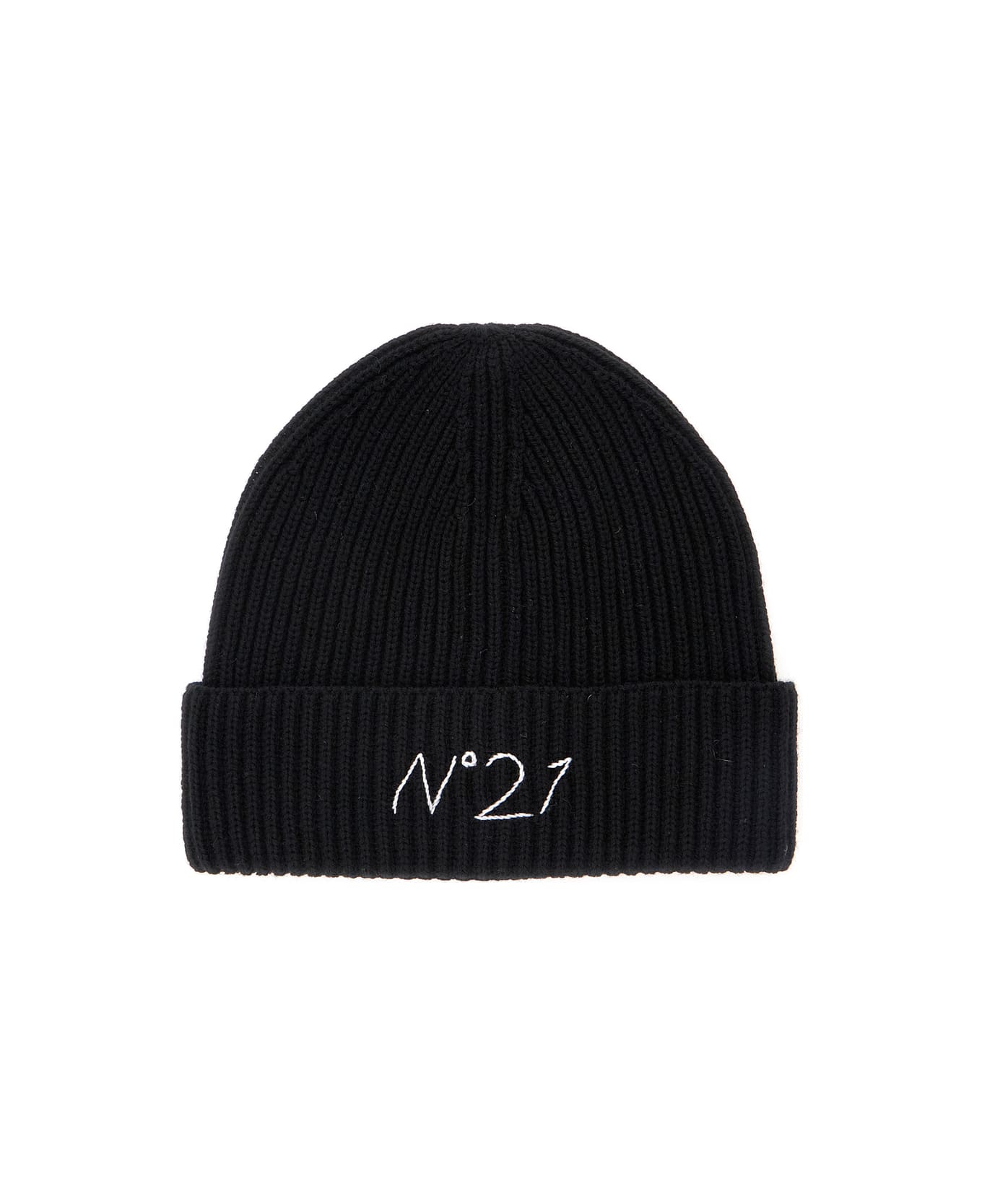 N.21 Black Beanie With Turn-up Brim And Logo Embroidery In Wool Blend Boy - Black