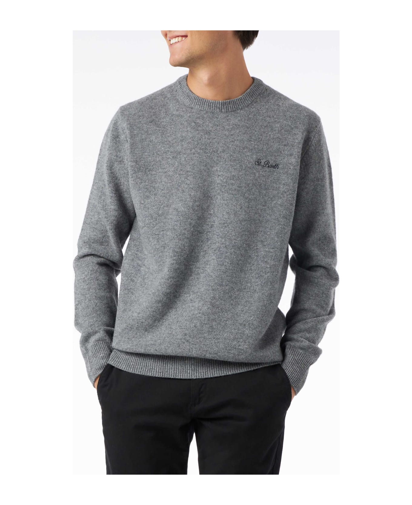 MC2 Saint Barth Man Crewneck Grey Sweater With St. Barth Embroidery - GREY