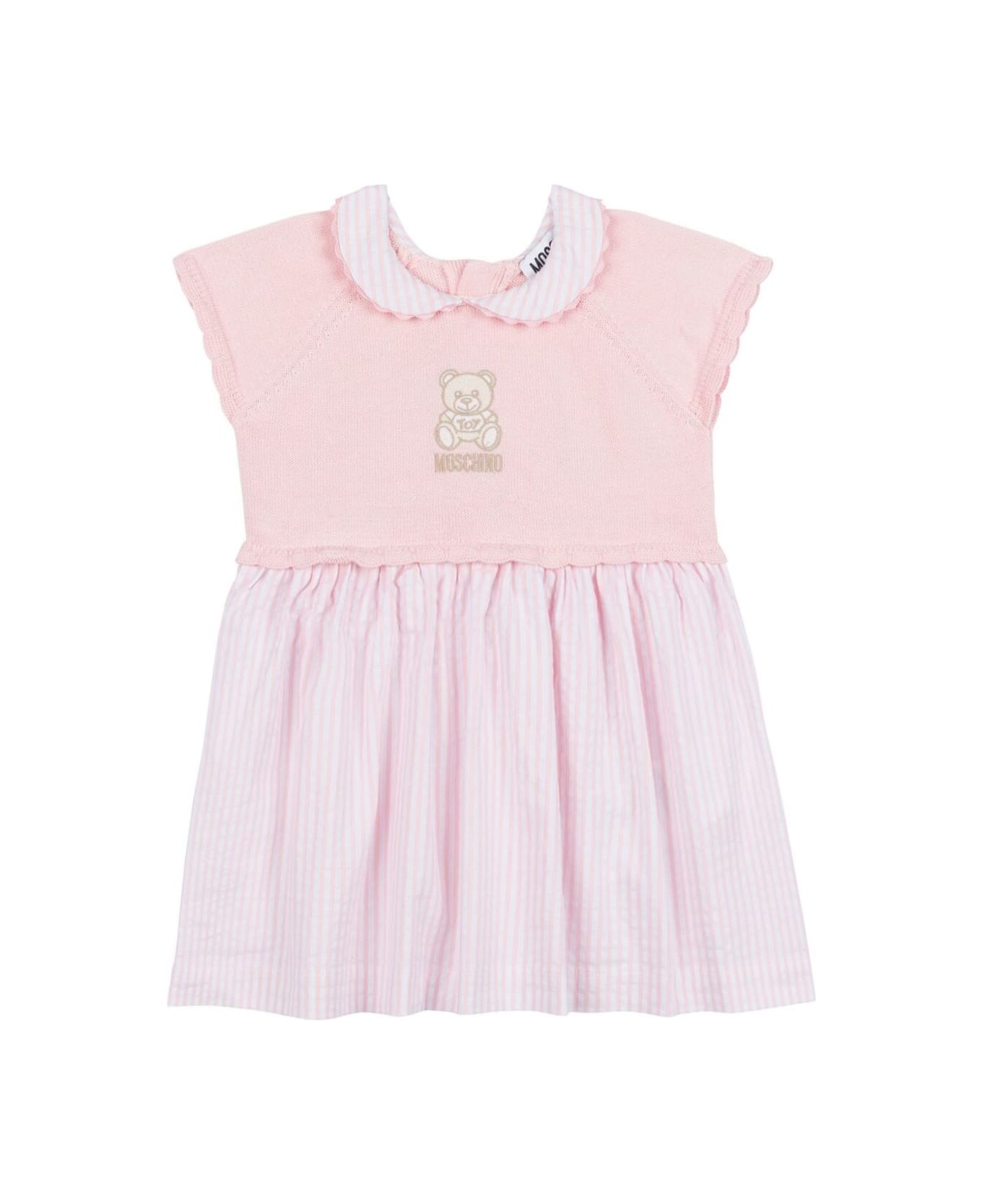 Moschino Pink Dress With Peter Pan Collar And Logo Embroidery On The Front In Cotton Stretch Baby - Pink
