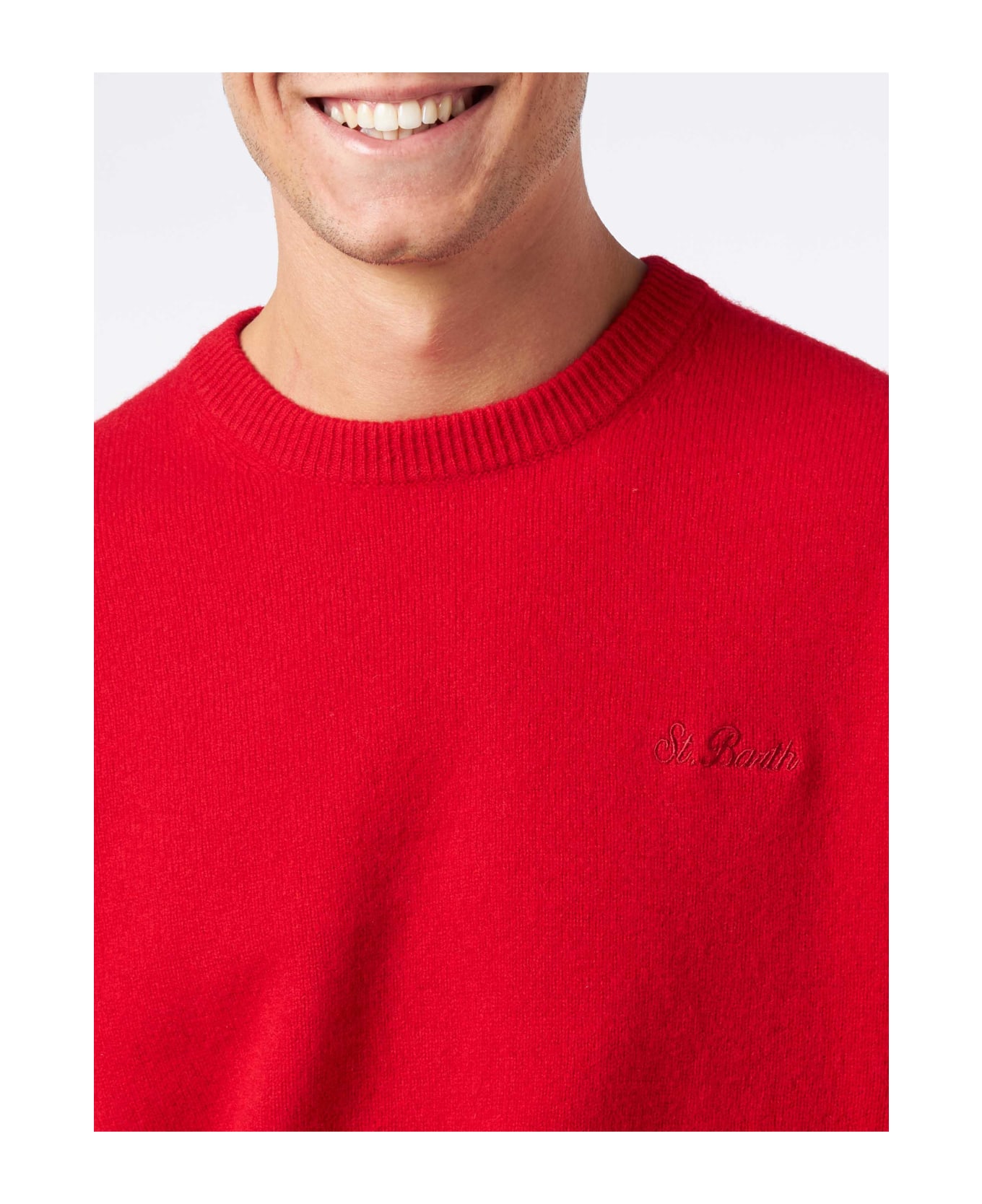 MC2 Saint Barth Man Crewneck Red Sweater With St. Barth Embroidery - RED