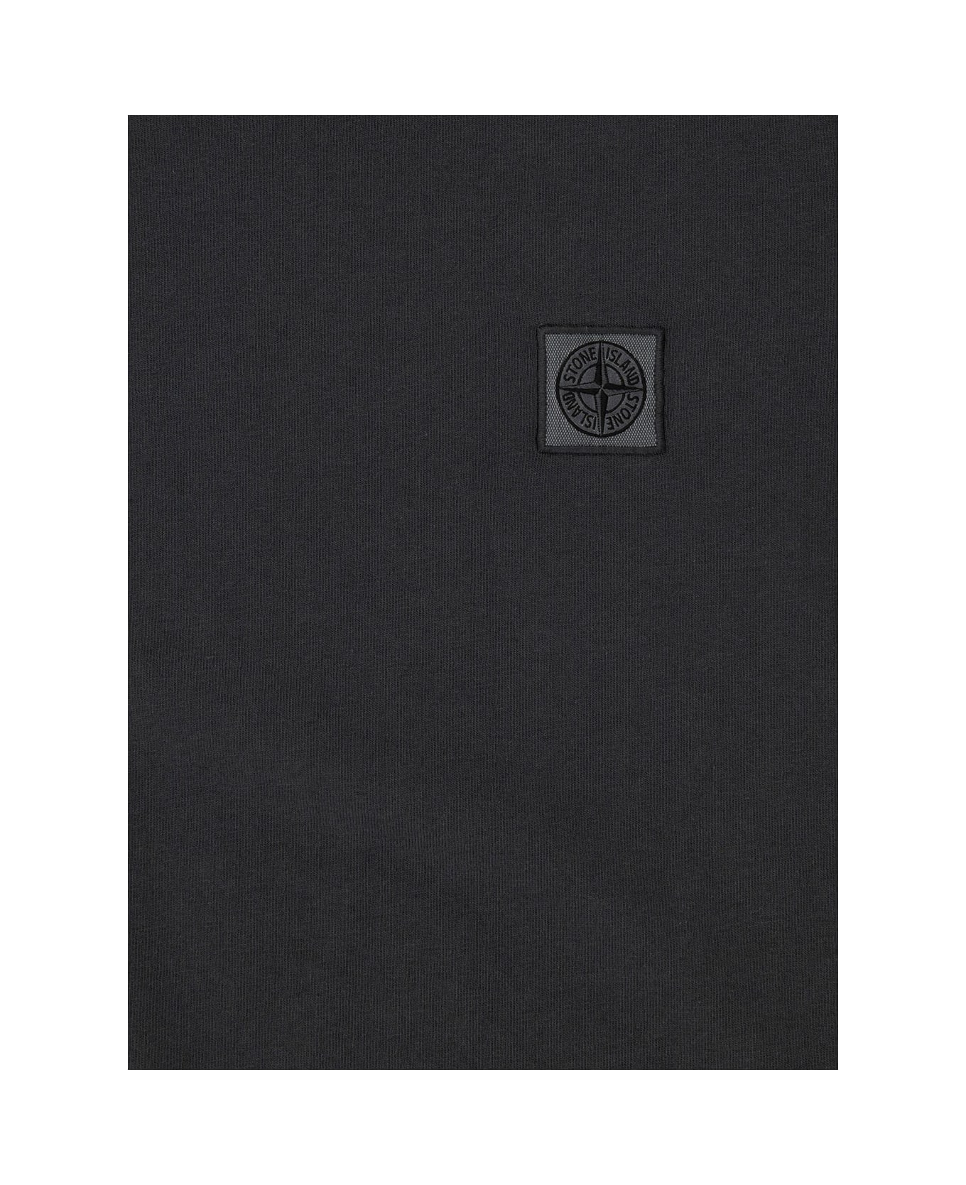 Stone Island Junior Black Crewneck T-shirt With Logo Patch In Cotton Boy - Black