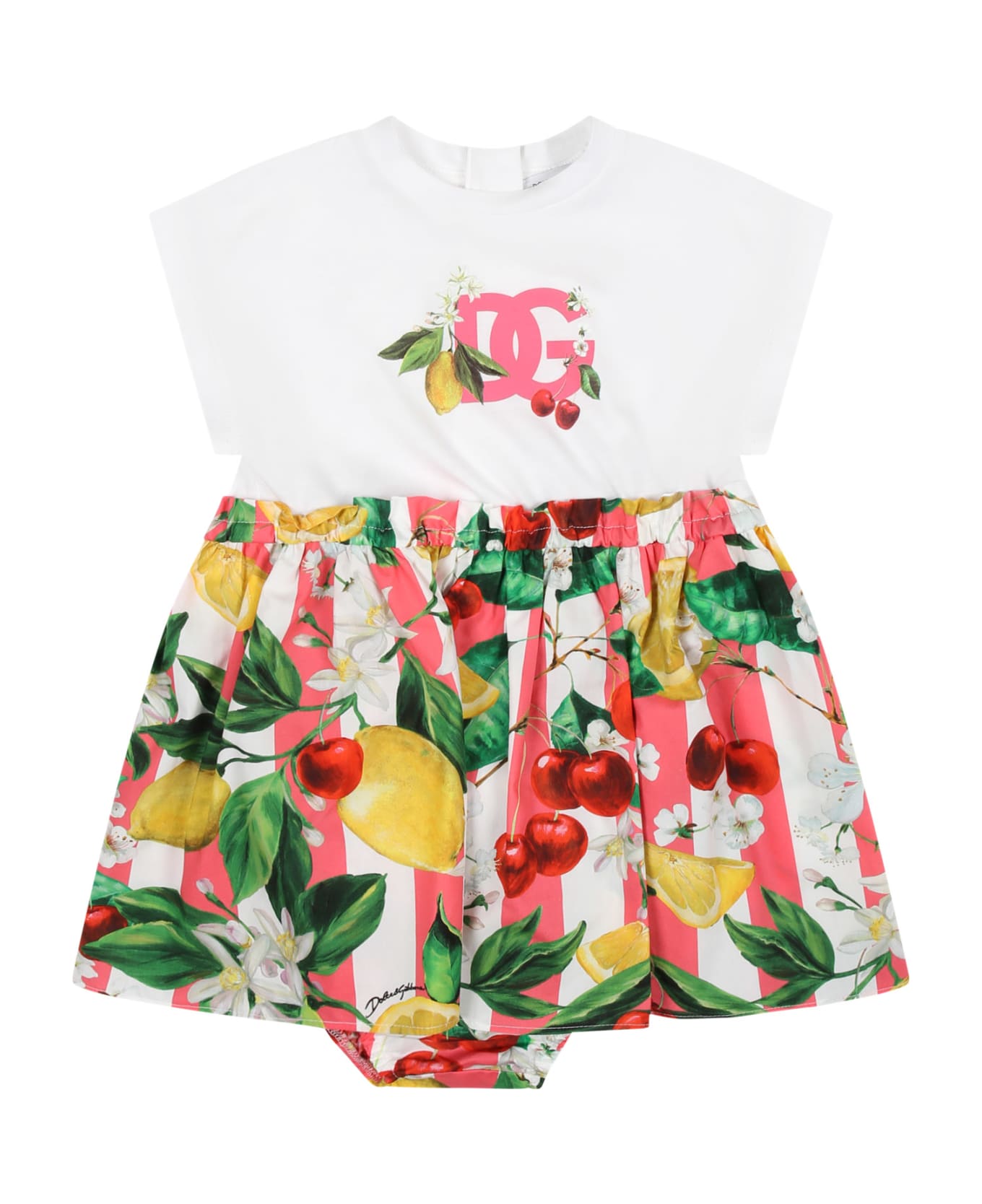 Dolce & Gabbana White Dress For Baby Girl With All-over Multicolor Fruits And Flowers - White