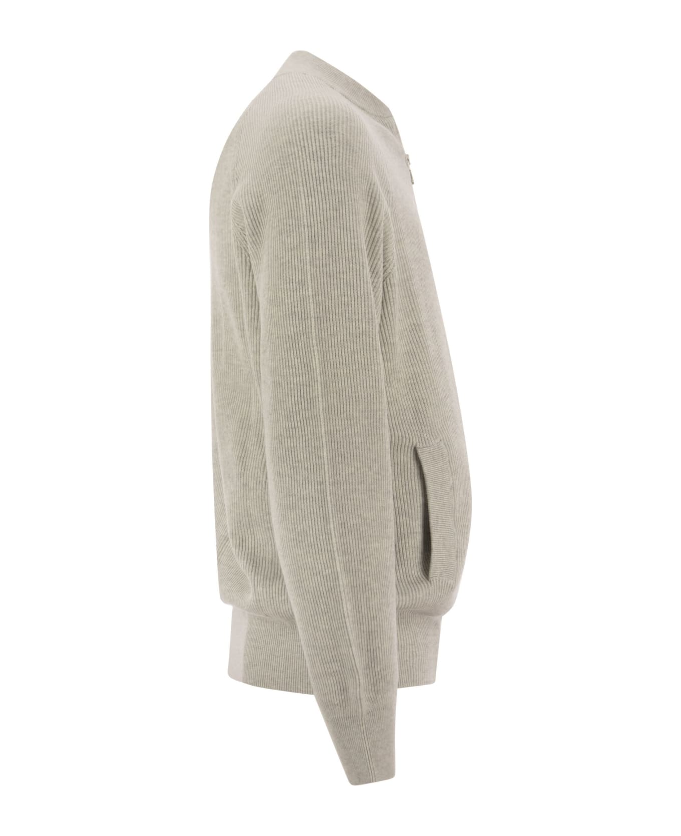 Brunello Cucinelli Ribbed Cotton Cardigan With Zip - Light Grey