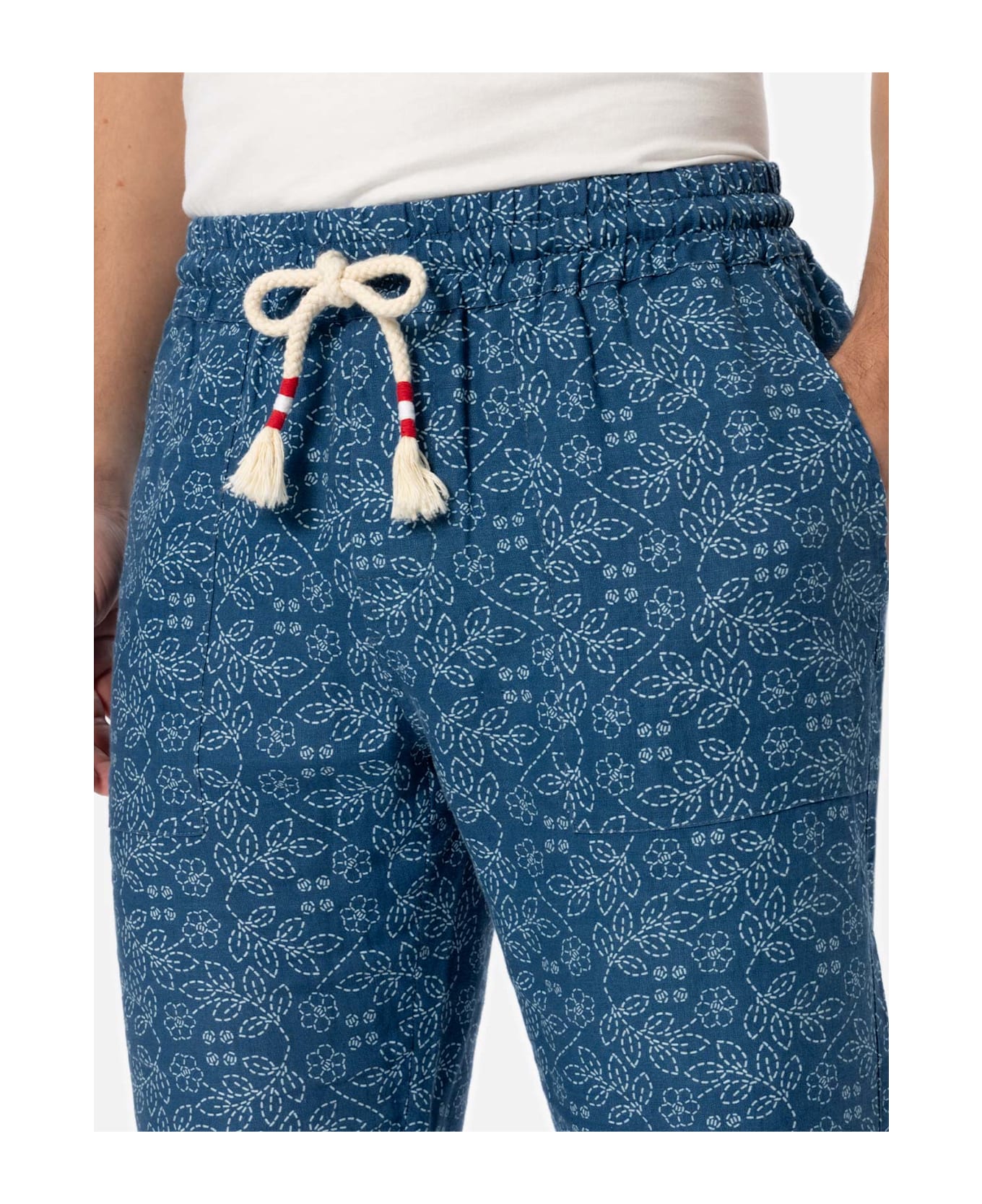 MC2 Saint Barth Man Printed Linen Calais Pants With Drawstring - BLUE