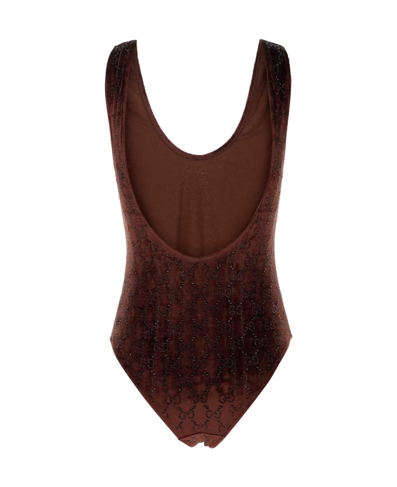 Gucci Embellished Velvet Bodysuit - CHESTNUTMIX
