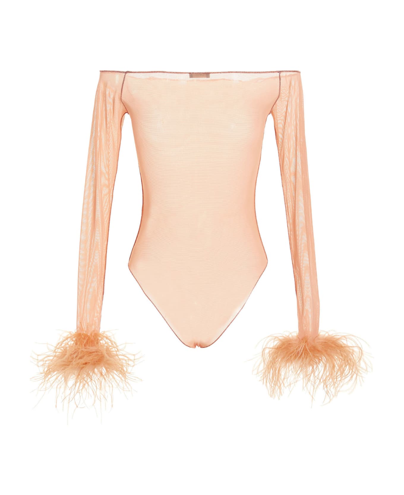 Oseree Feather Transparent Mesh Bodysuit - Pink ボディスーツ