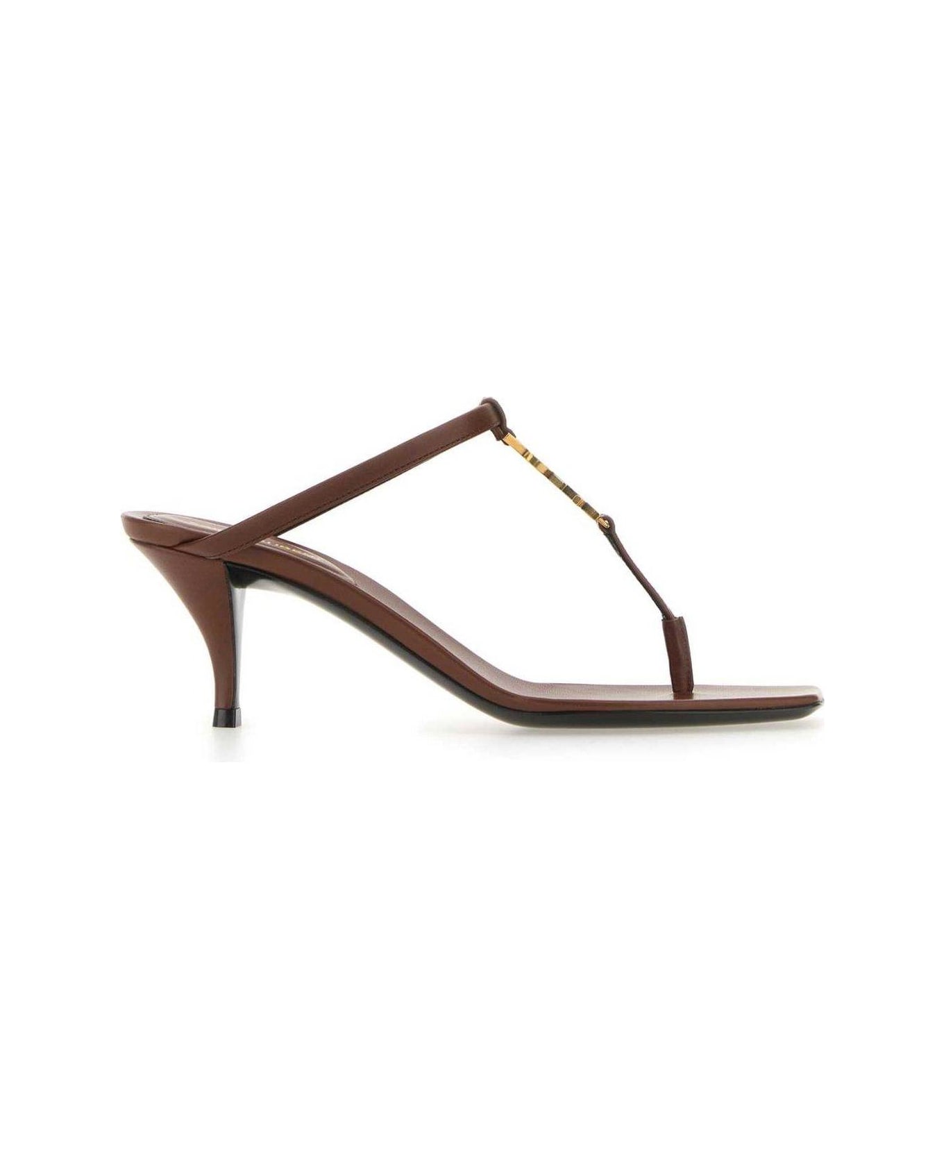 Saint Laurent Brown Leather Cassandre Thong Mules - AESTHETICBROWNAEST