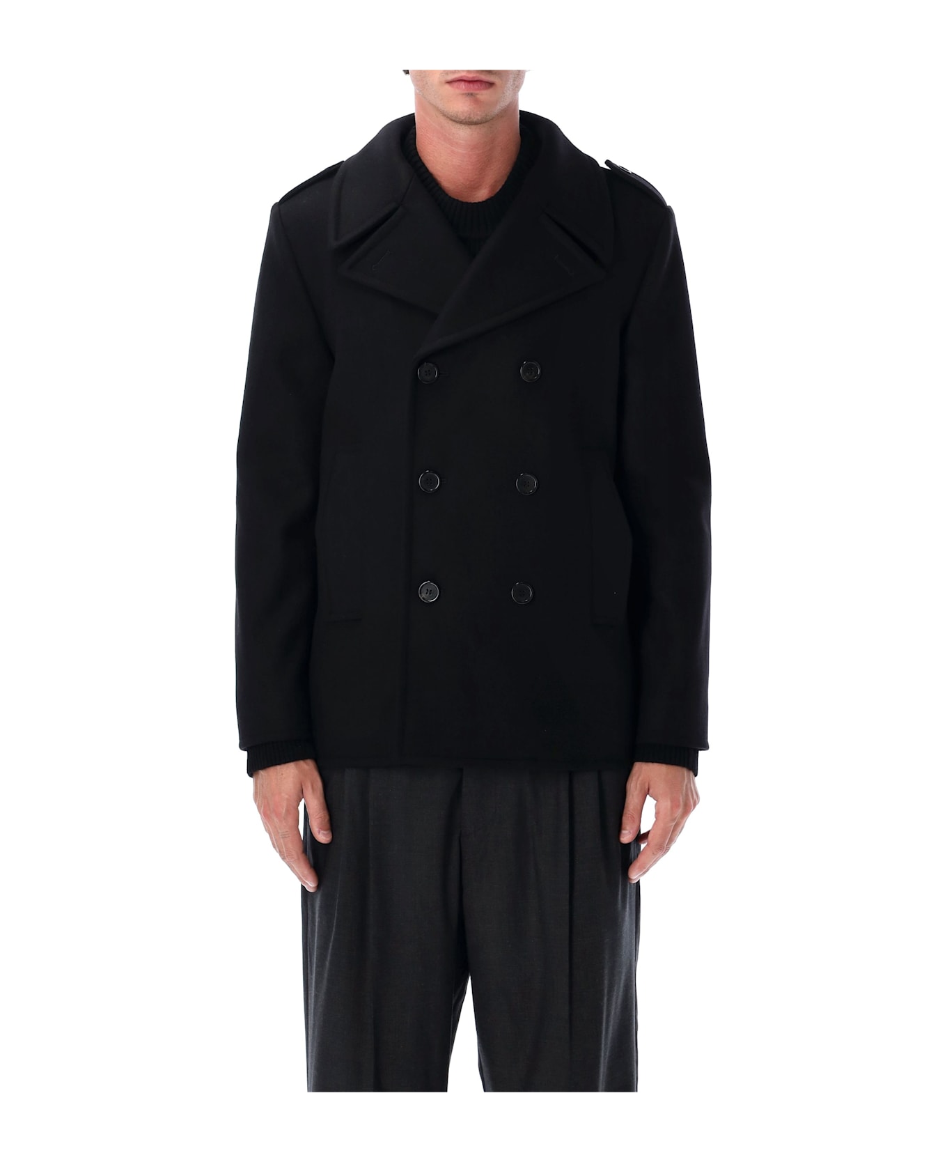 Saint Laurent Wool Peacoat With Epaulettes - BLACK