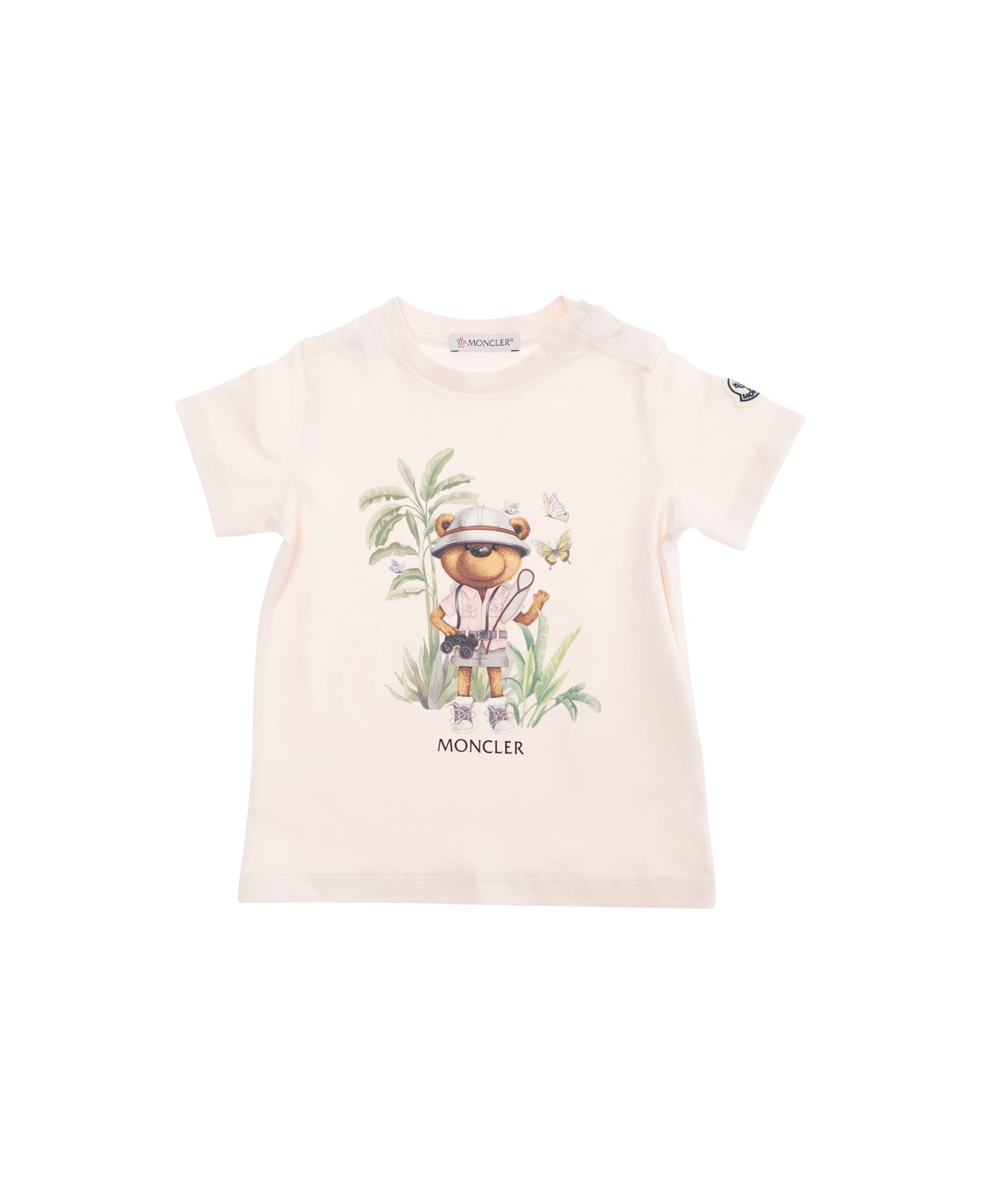 Moncler Pink T-shirt With Maxi Logo Print On The Front And Button Closure On The Sleeve In Cotton Stretch Baby - Pink