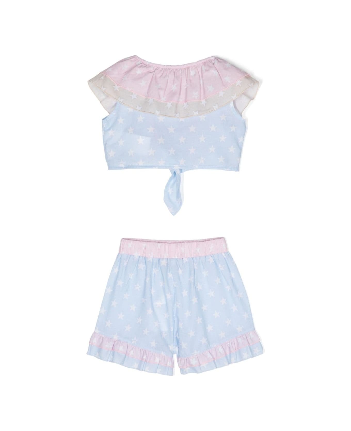 Monnalisa Light Blue And Pink Two Piece Swimsuit With Star Print In Cotton Girl - Multicolor