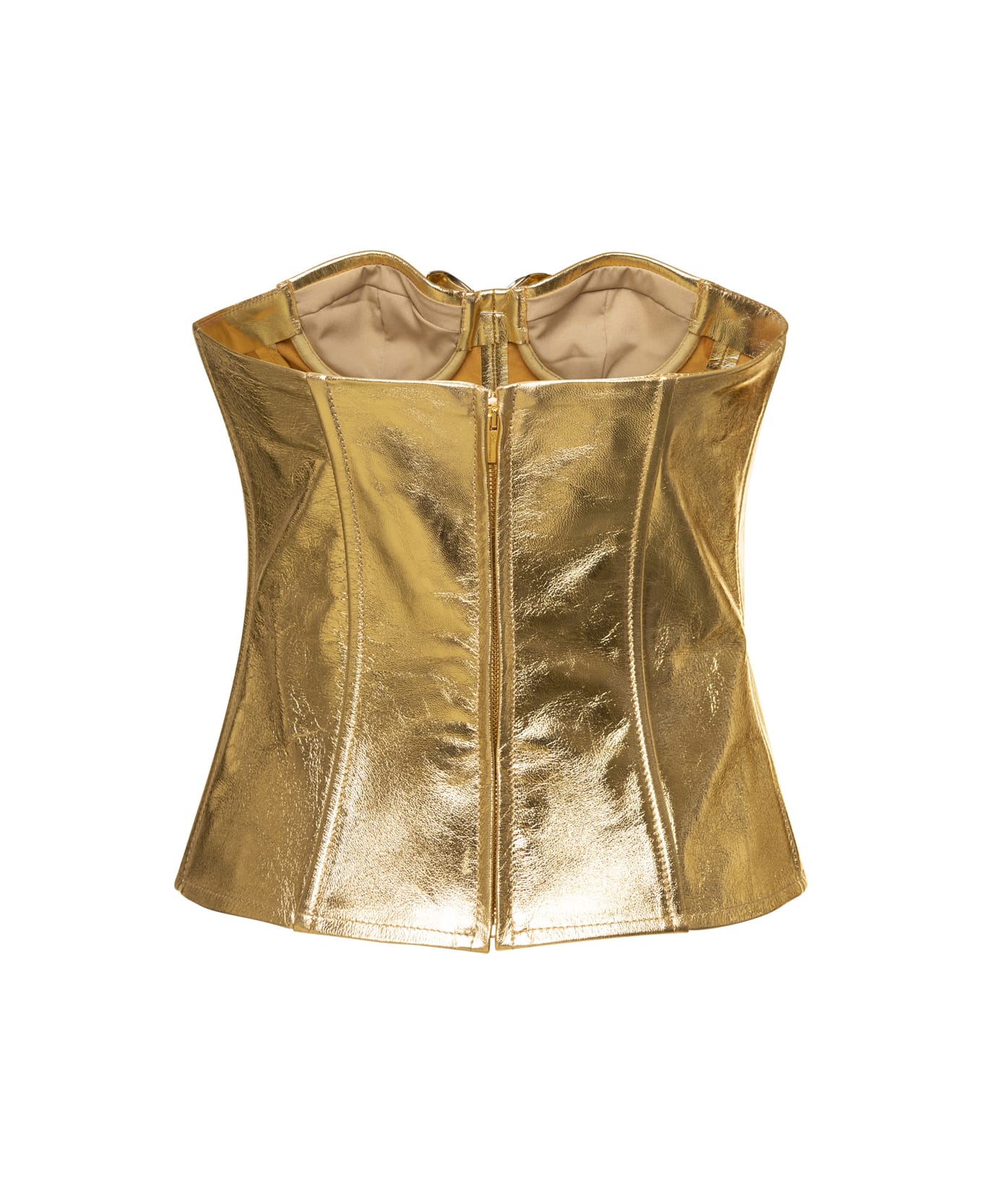Blumarine Gold Bustier Top With Butterfly Detail In Laminated Leather Woman - Metallic トップス