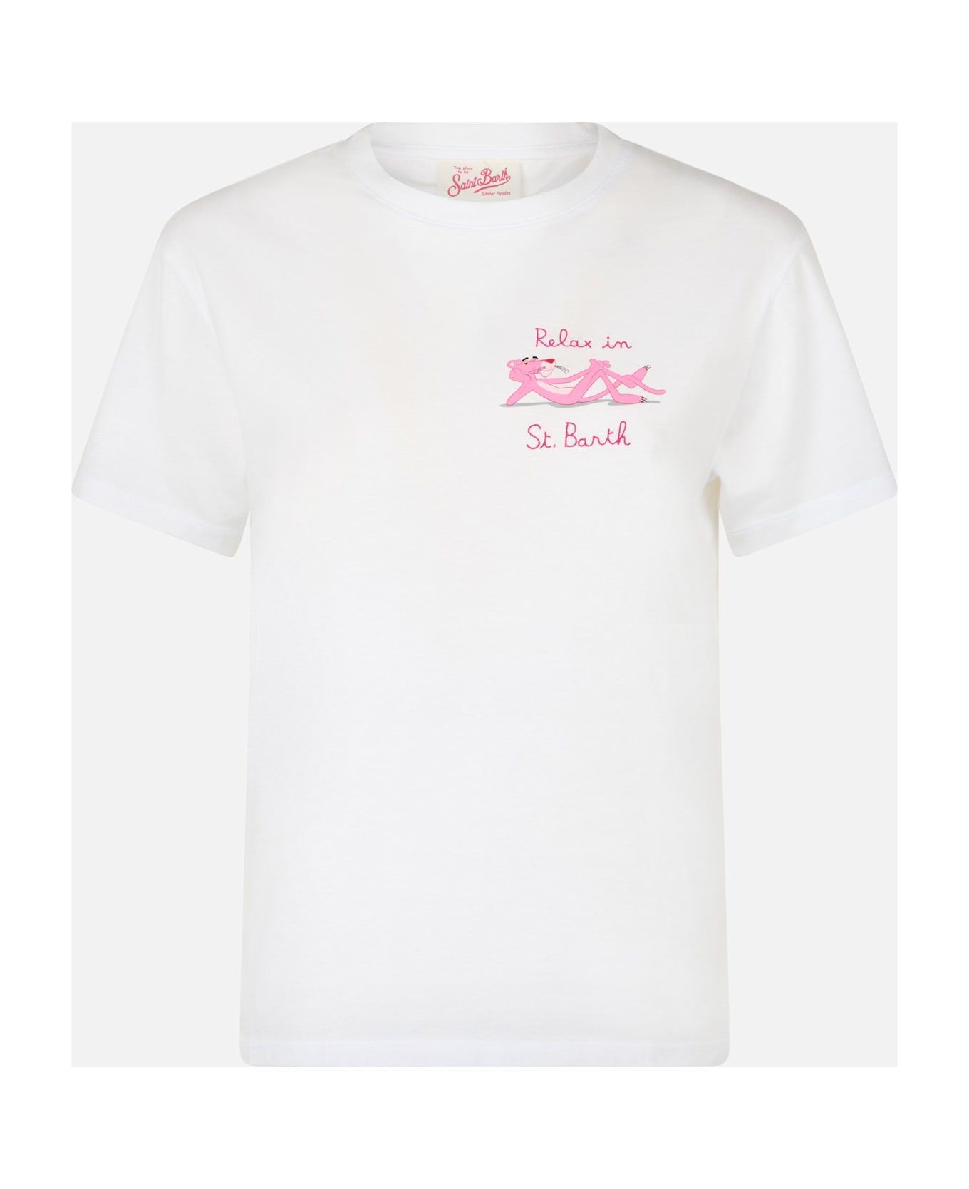 MC2 Saint Barth Woman White Cotton Jersey Crewneck T-shirt Emiilie With Relax In St. Barth Embroidery | Pink Panther Special Edition - WHITE