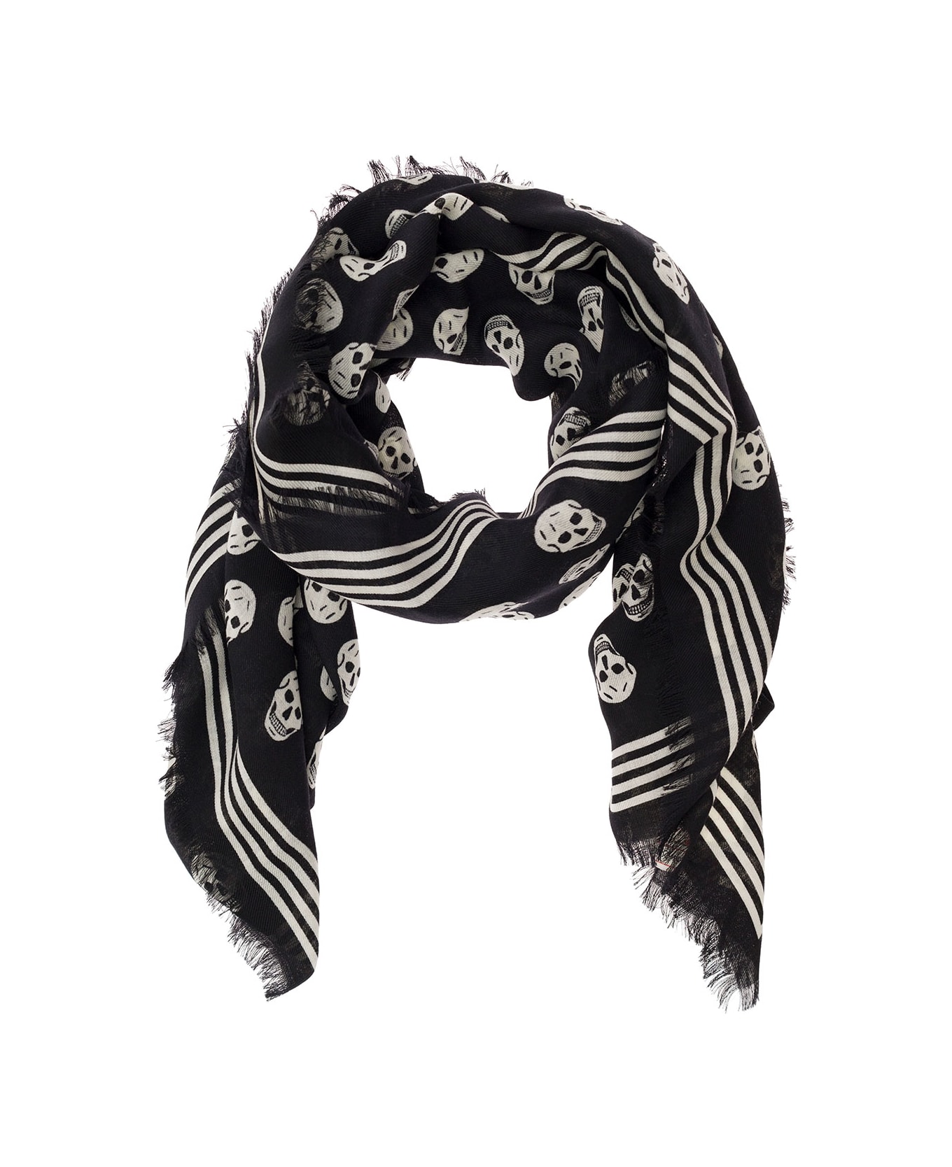 Alexander McQueen Black Twill Scarf With Skull Print All-over In Wool - Black