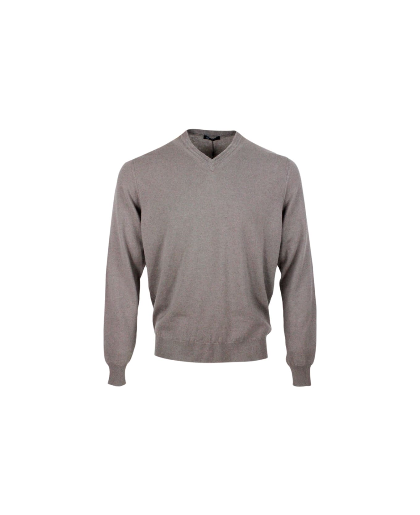 Colombo Long-sleeved V-neck Sweater In Fine 2-ply 100% Kid Cashmere With Special Processing On The Edge Of The Neck - Grey Mink ニットウェア