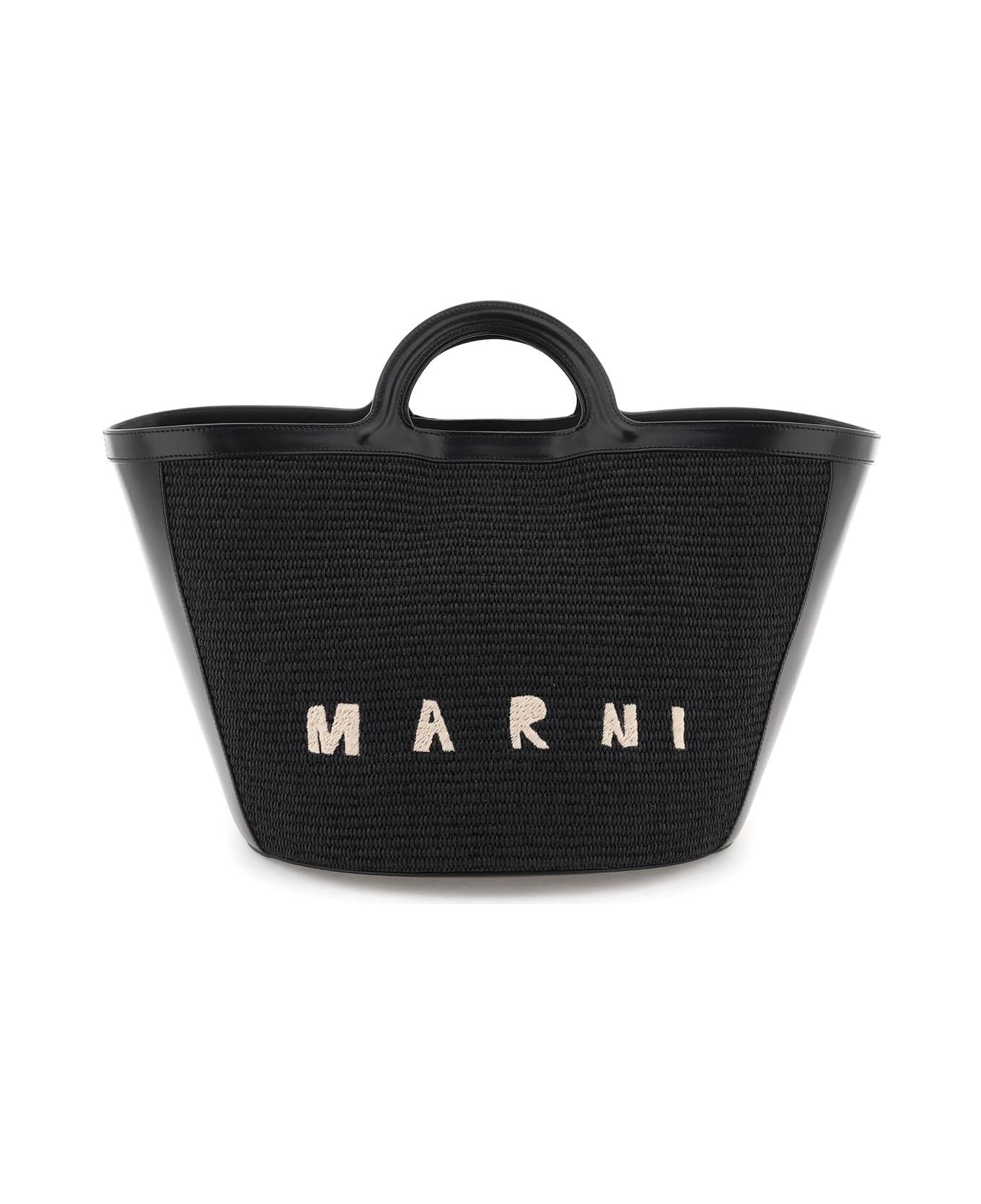 Marni Tropicalia Leather And Raffia Tote Bag - Black トートバッグ