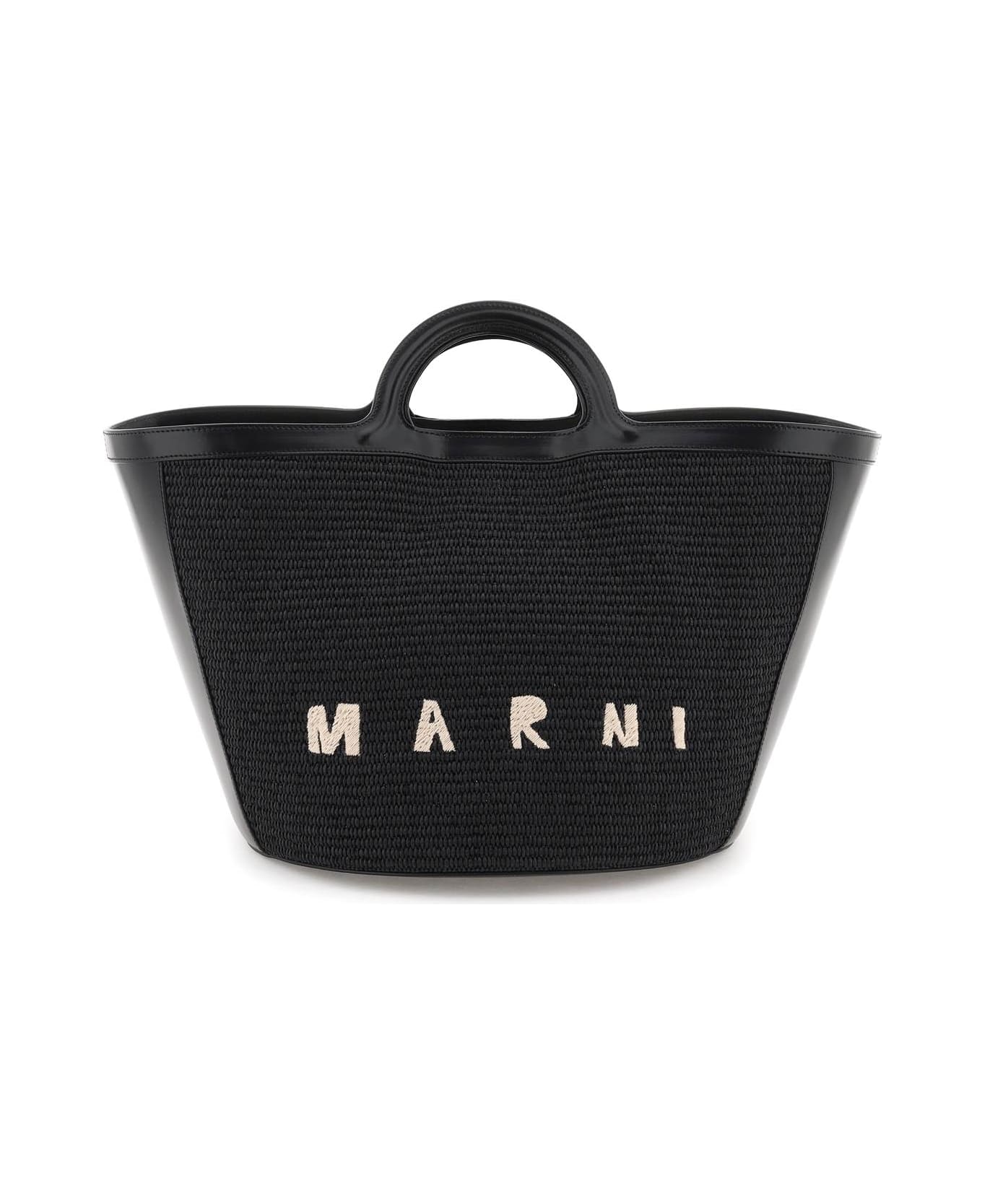 Marni Tropicalia Leather And Raffia Tote Bag - Black